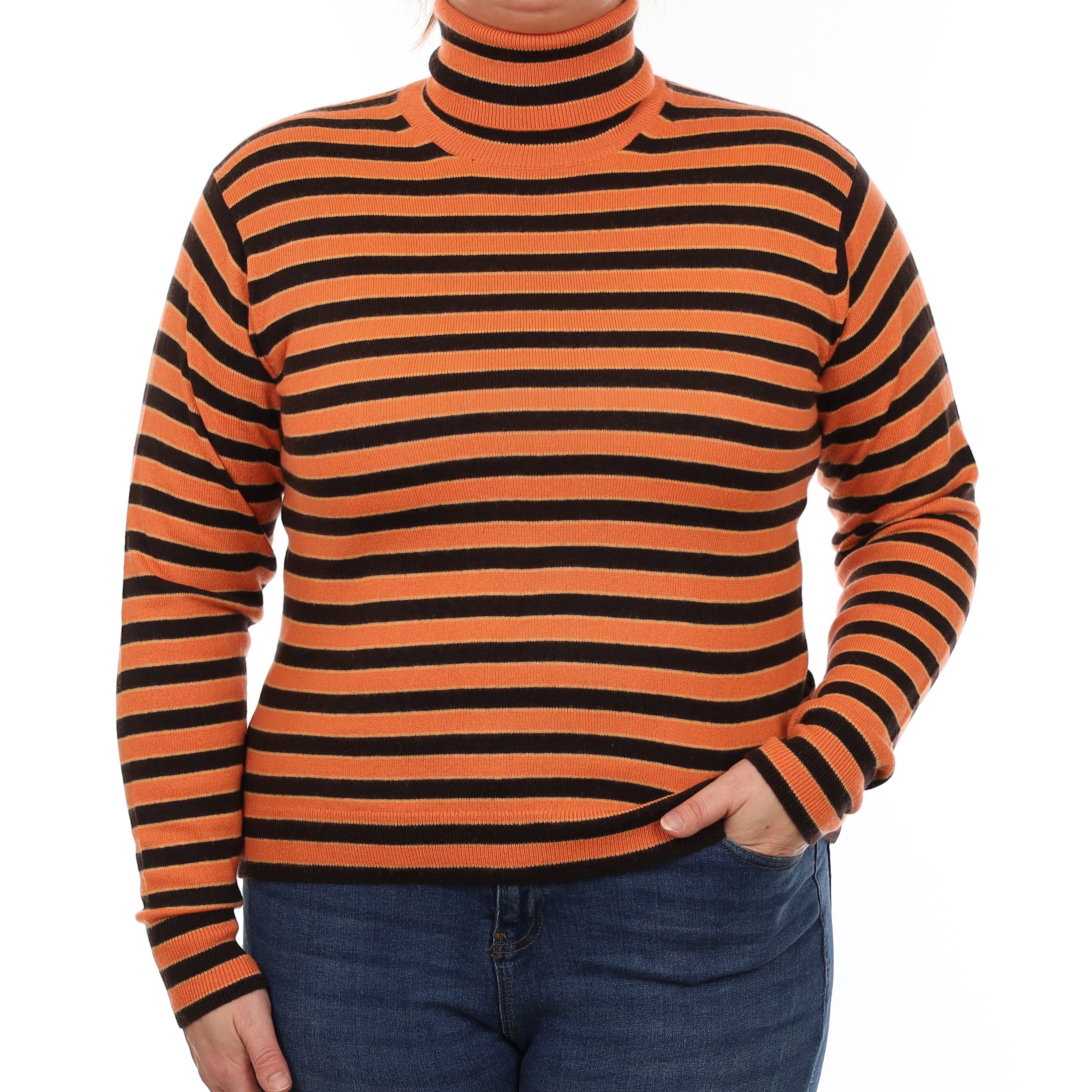 Orange and Dark Chocolate Striped Cashmere Polo Neck Jumper Large