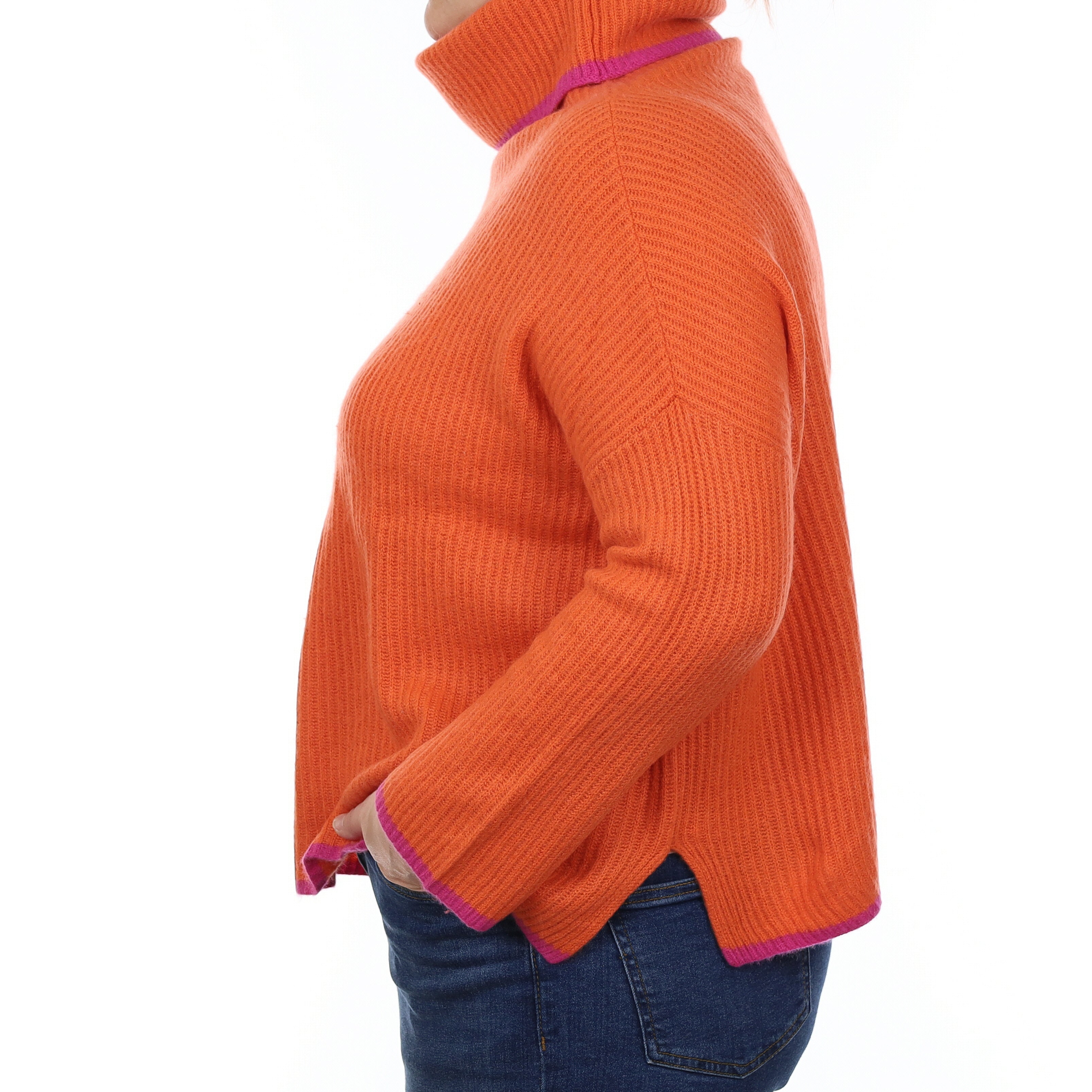 Tangerine Orange Heavy Rib Knit Cashmere Boxy Polo Neck Jumper Large