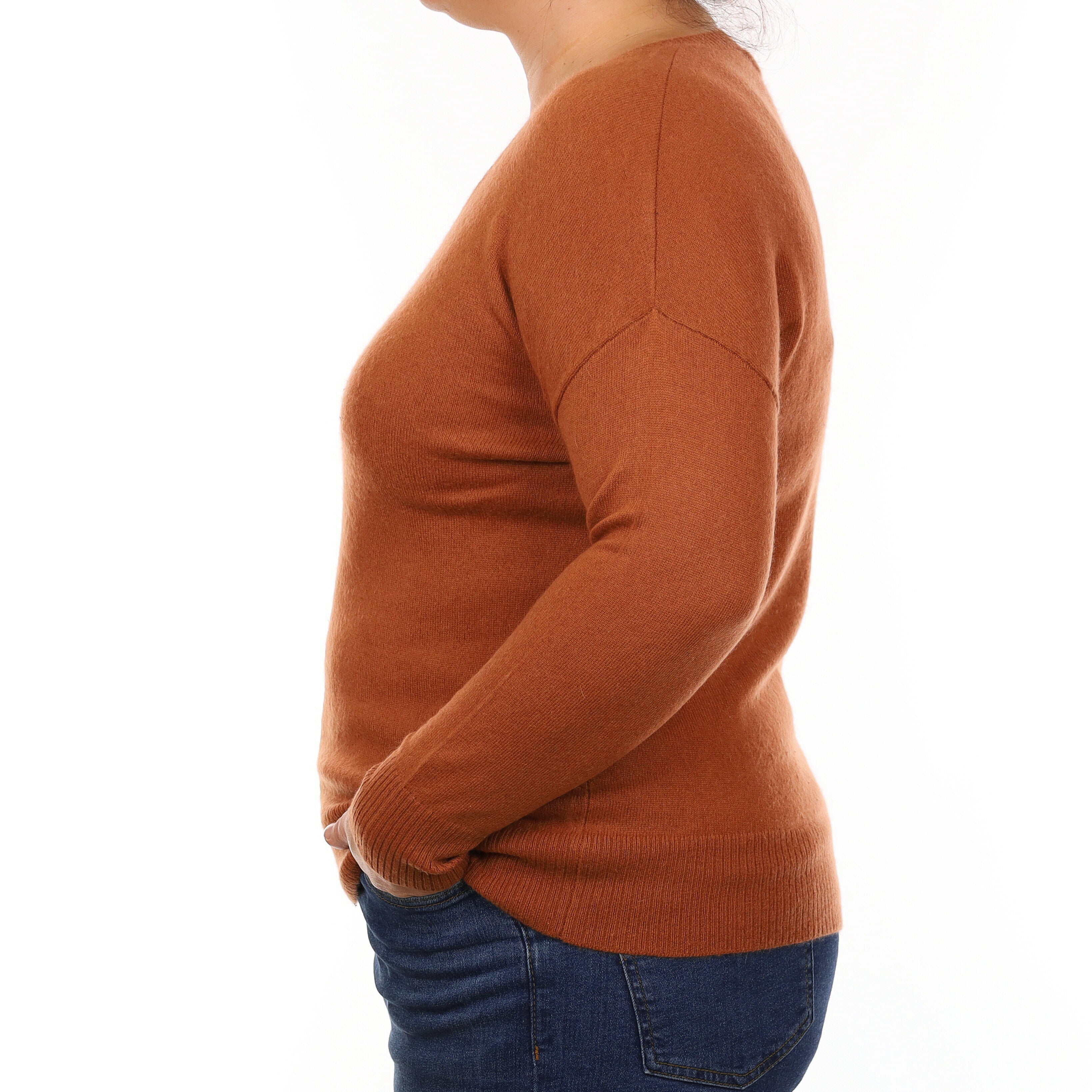 Rust Brown Cashmere V Neck Jumper Large