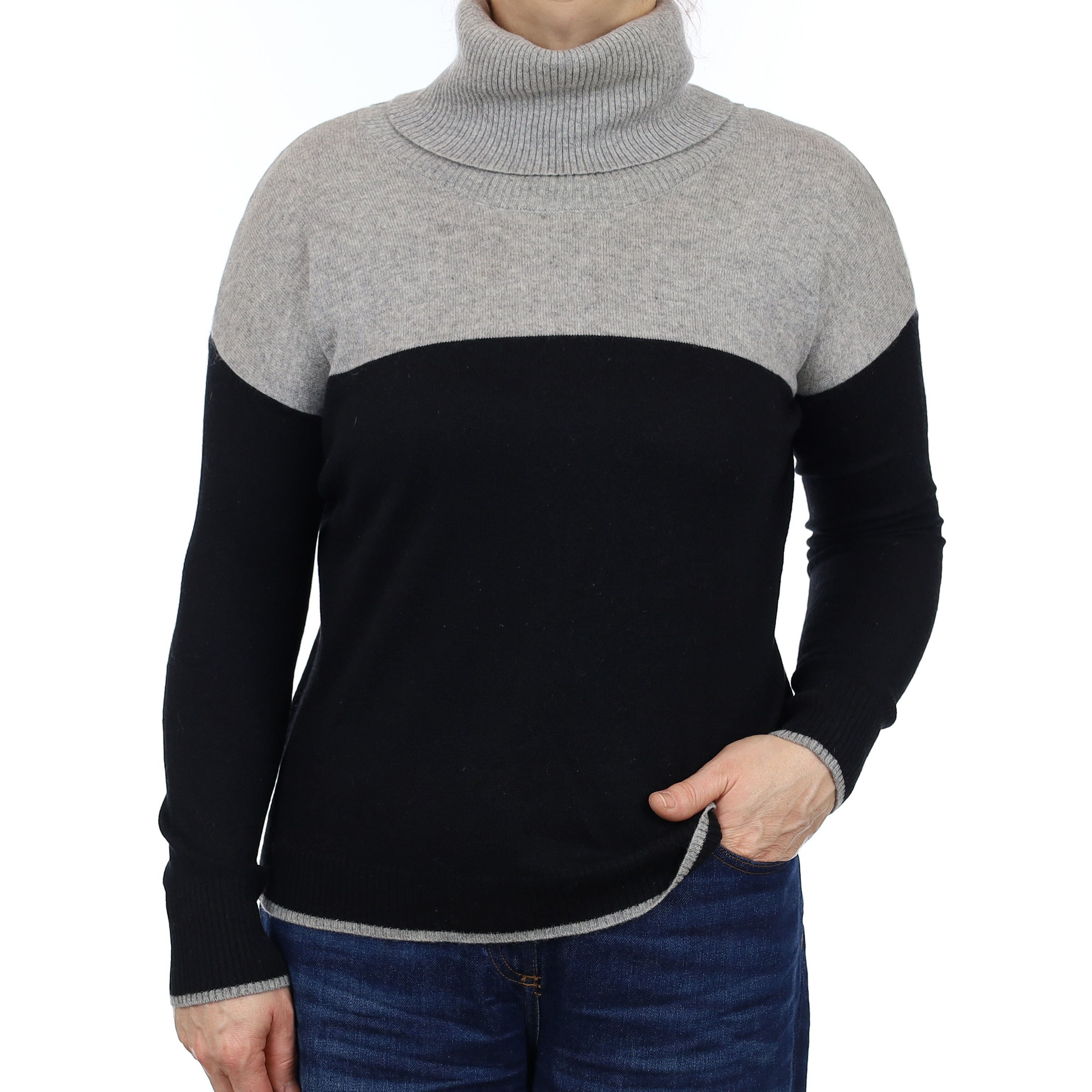 Smoke Grey and Black Cashmere Cowl Neck Jumper Medium
