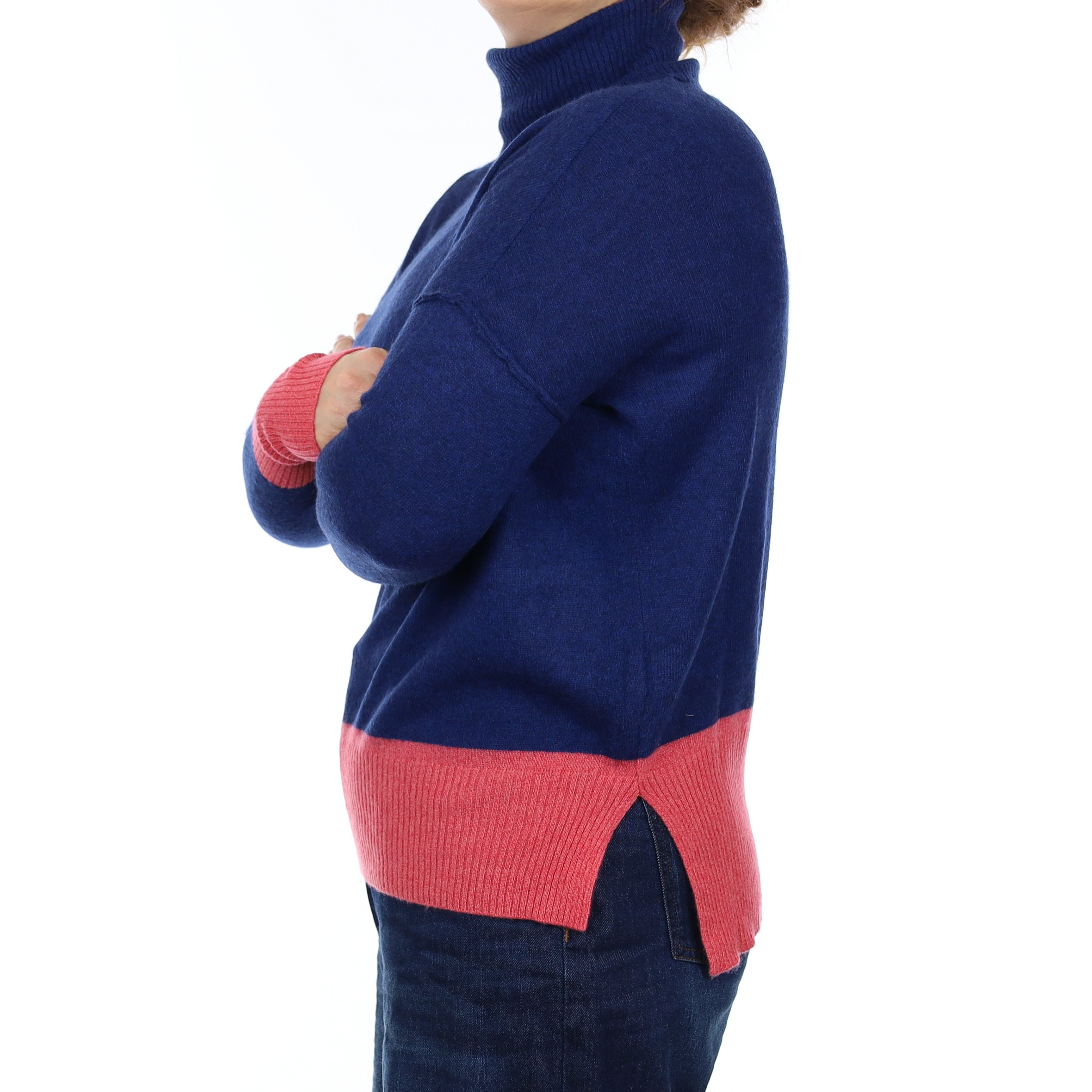 Deep Blue and Pink Cashmere Slouchy Polo Neck Jumper Medium