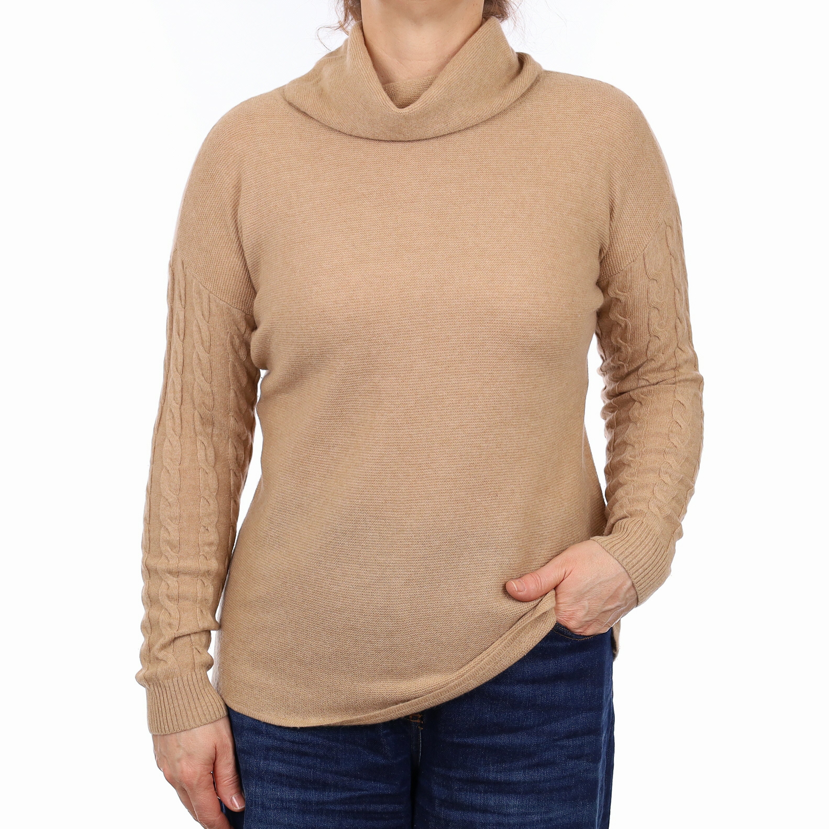 Caramel Brown Cashmere Cable Sleeve Cowl Neck Jumper Medium