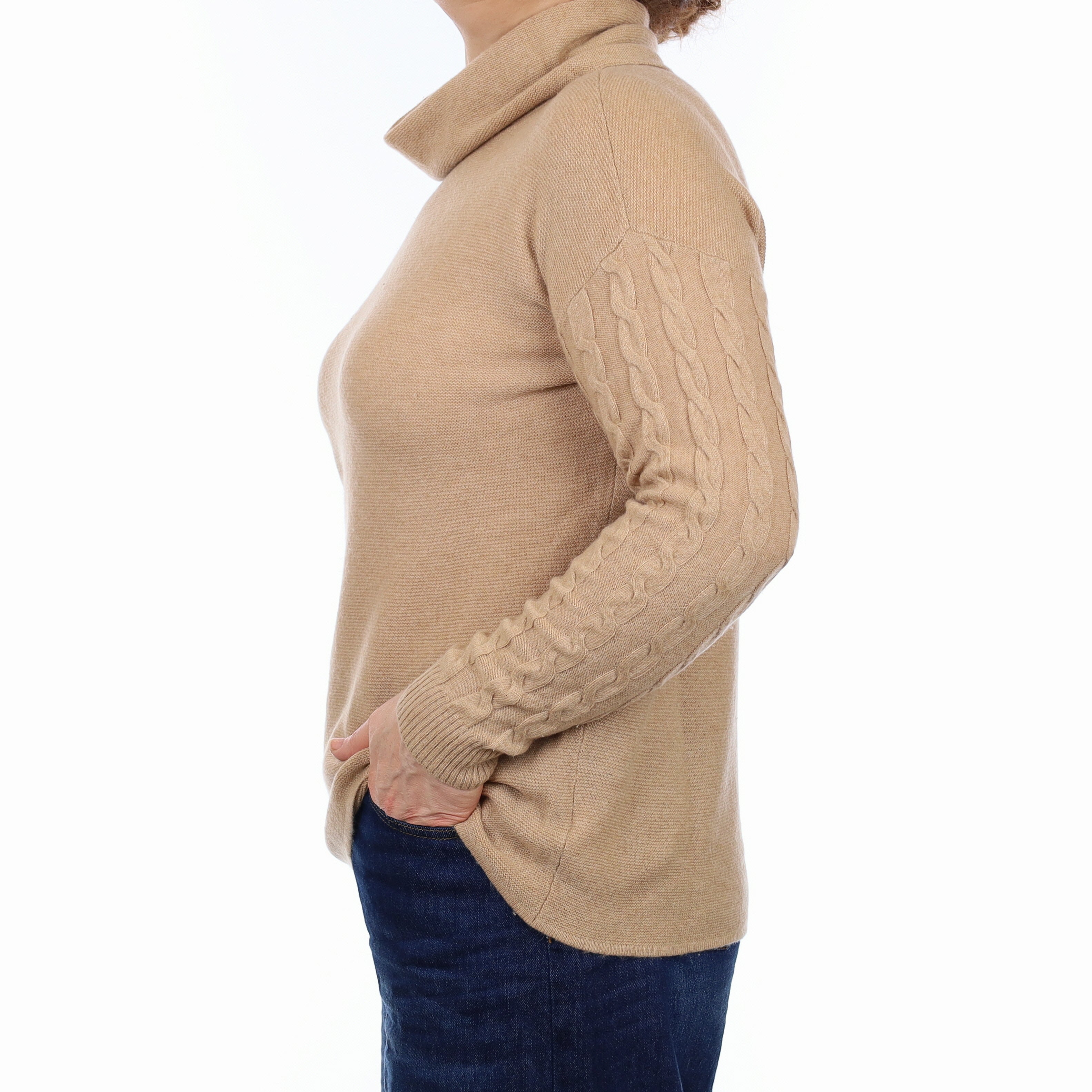 Caramel Brown Cashmere Cable Sleeve Cowl Neck Jumper Medium