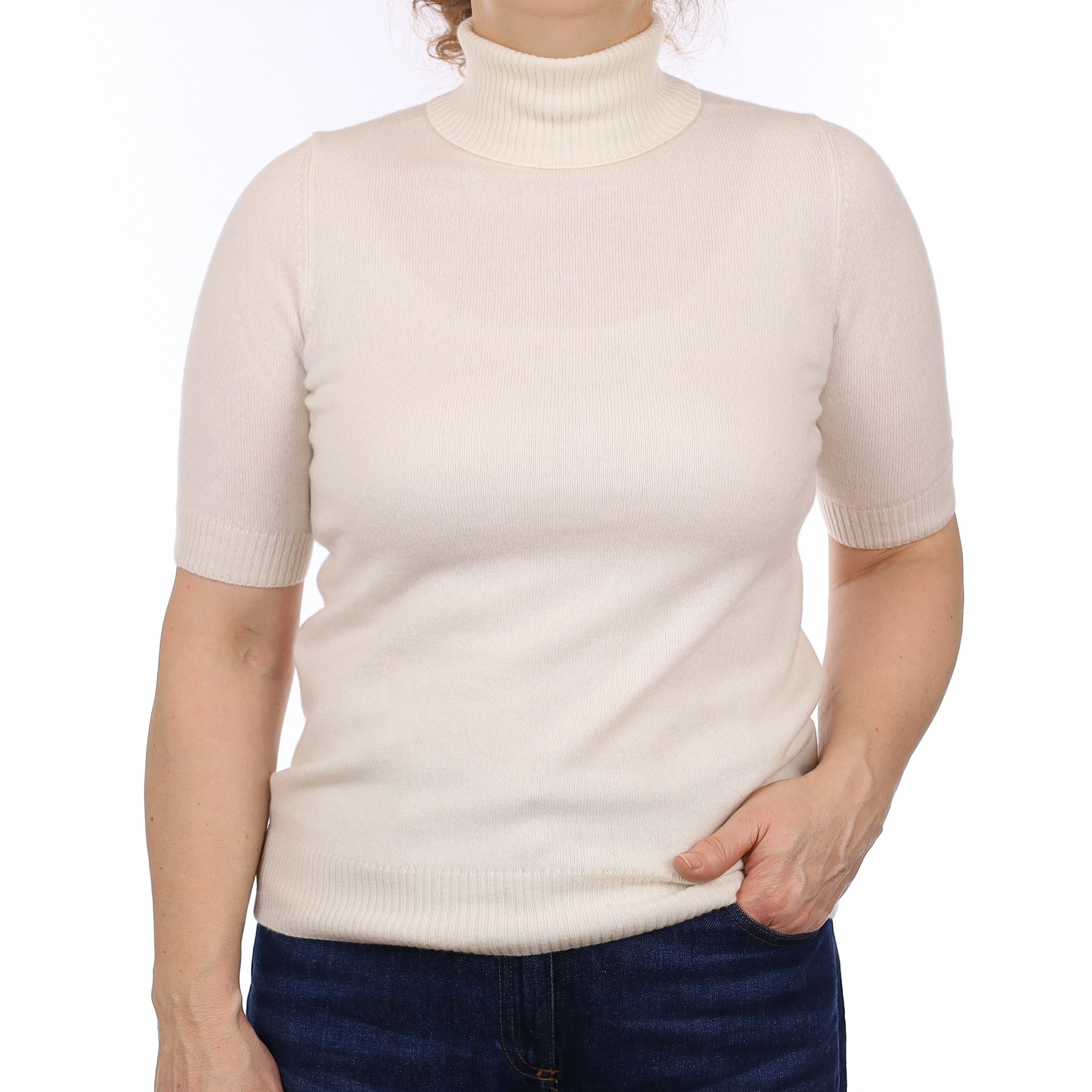 Ivory Cashmere Short Sleeve Polo Neck Jumper Medium