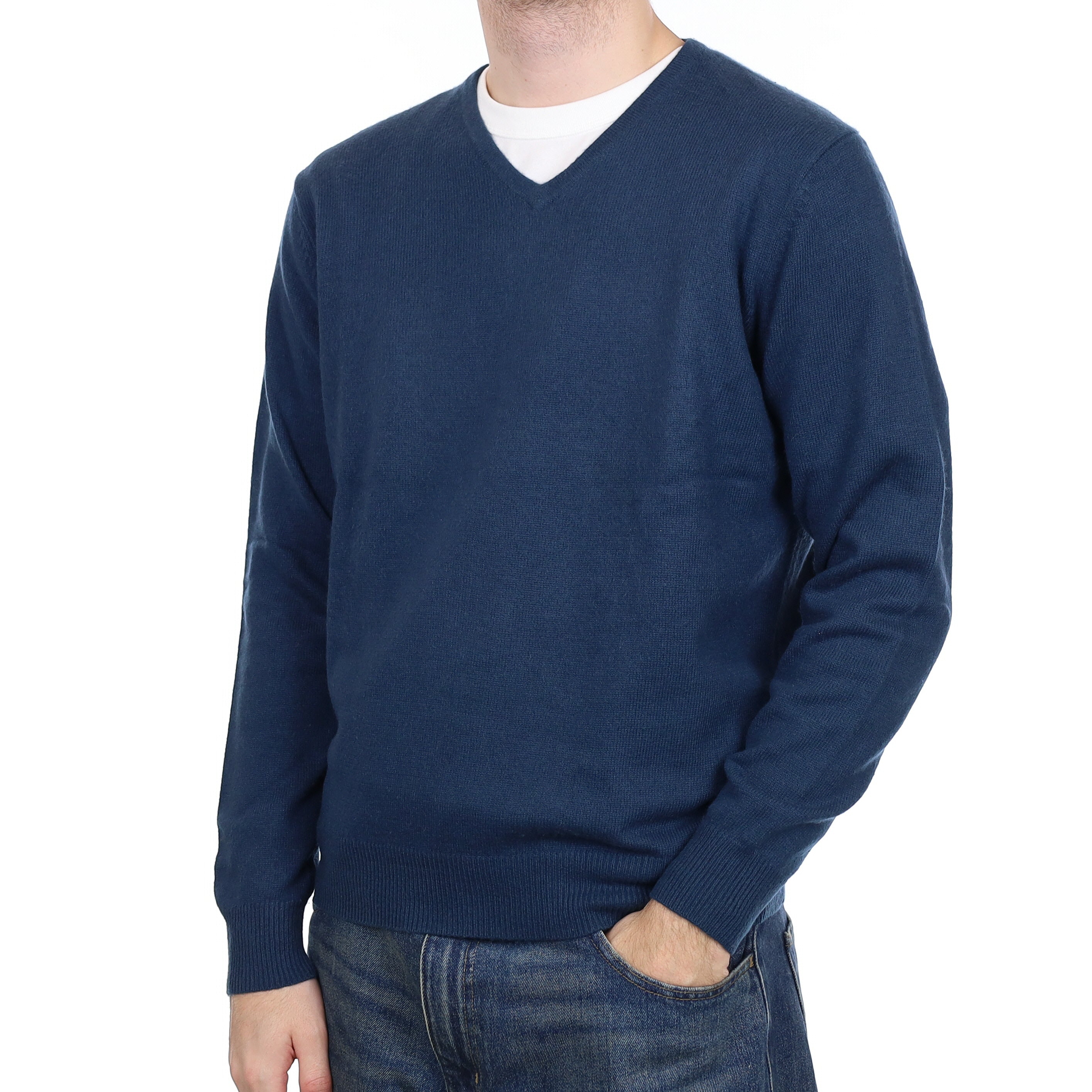 Men's Petrol Blue Cashmere V Neck Jumper Large