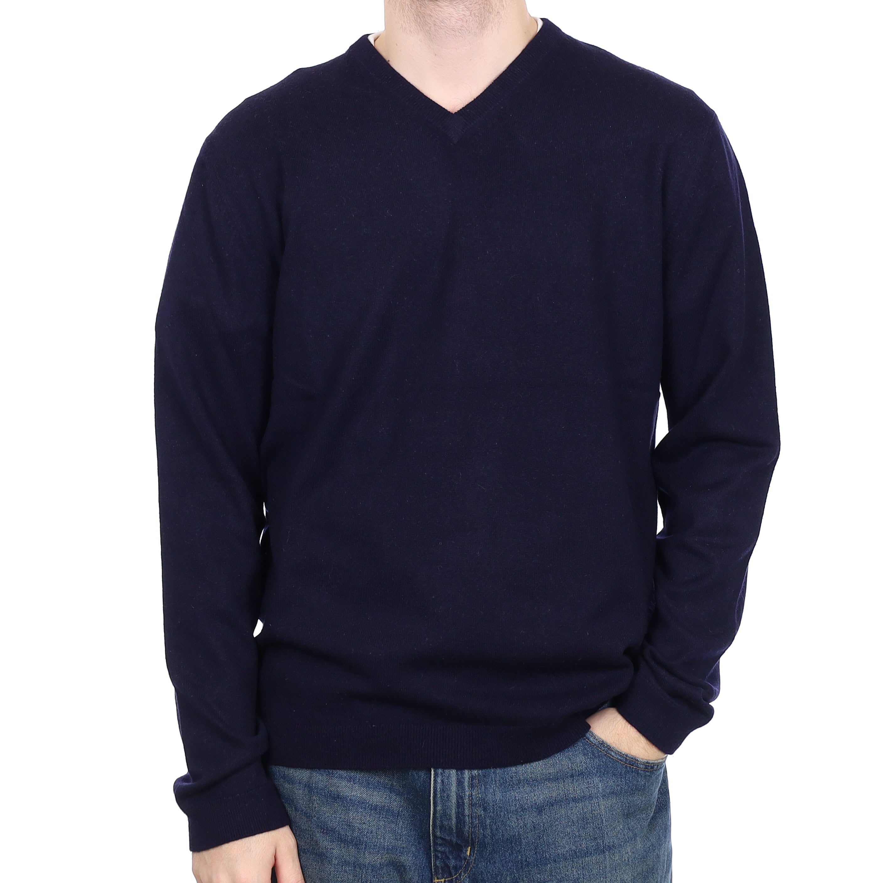 Men's Navy Cashmere V Neck Jumper Large