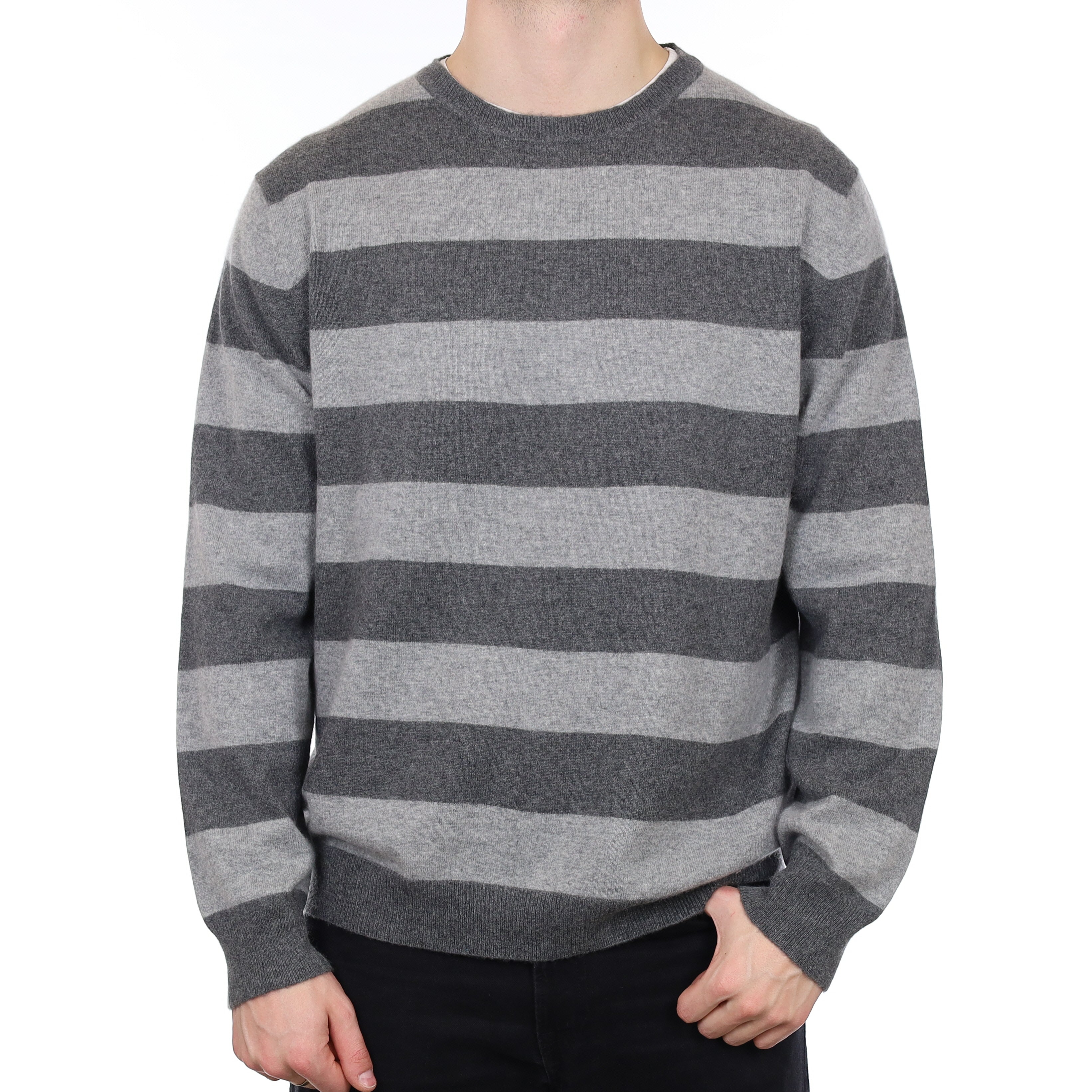 Men's Grey Stripe Cashmere Crew Neck Jumper XXL
