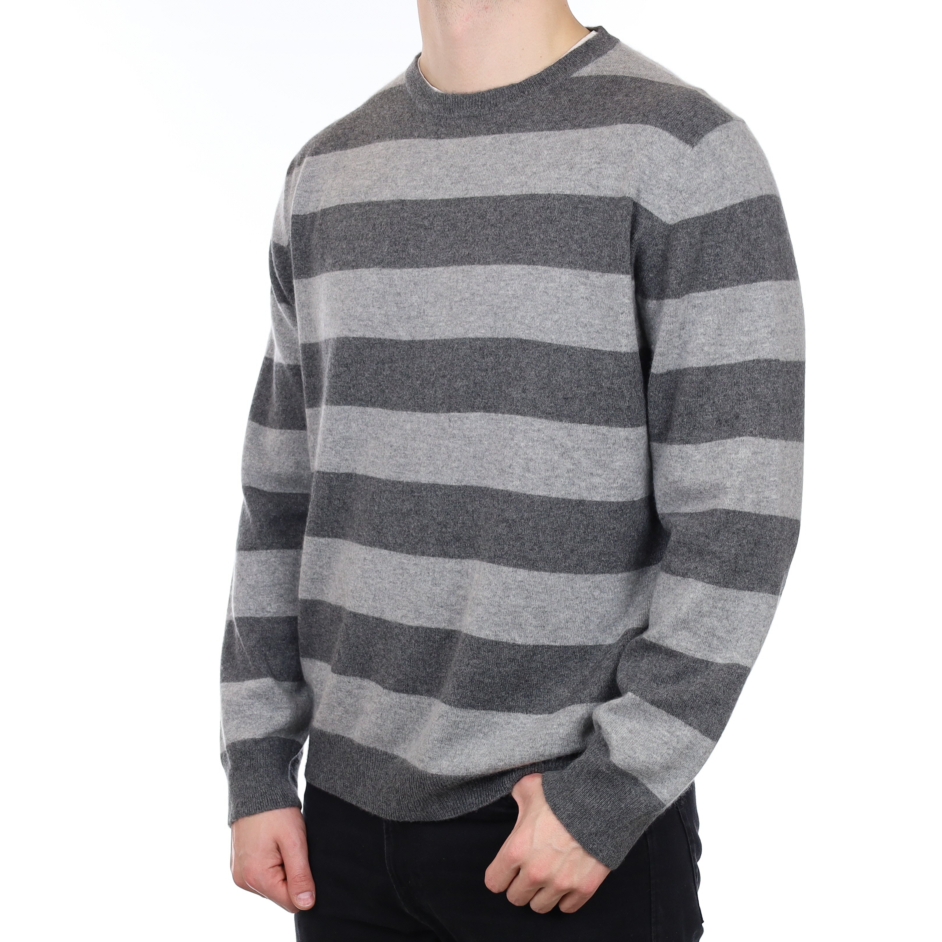 Men's Grey Stripe Cashmere Crew Neck Jumper XXL
