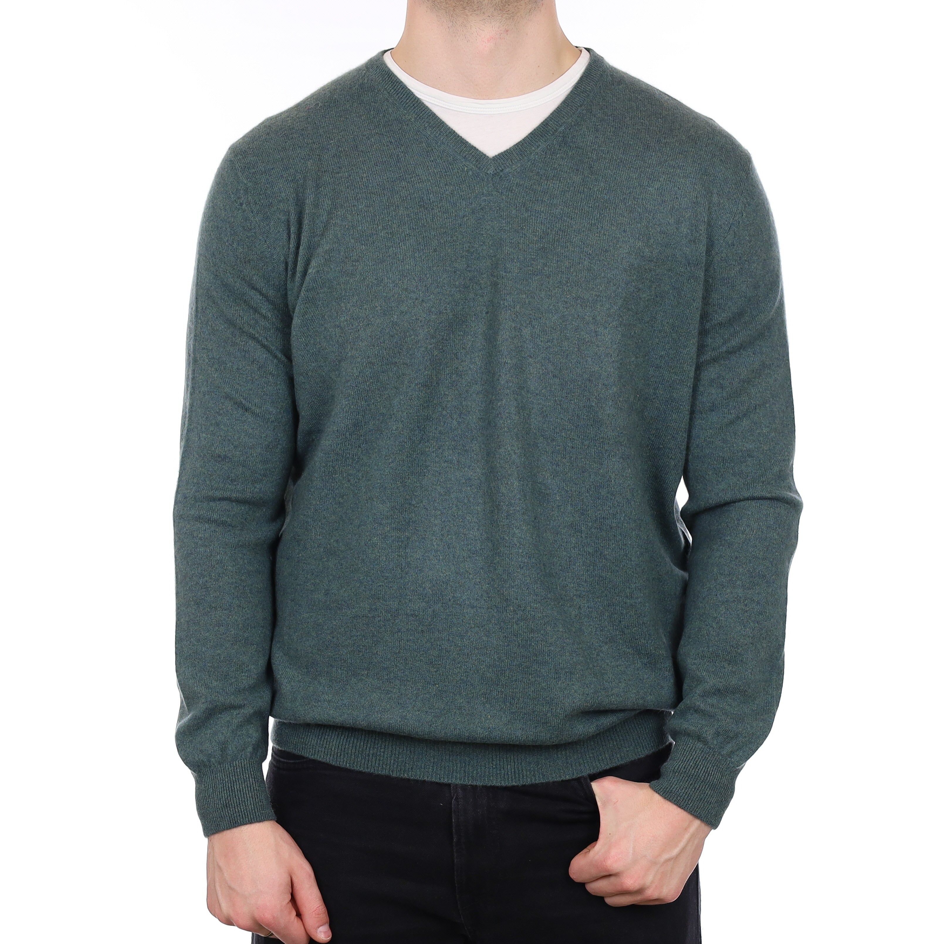 Men's Spruce Green Cashmere V Neck Jumper XXL