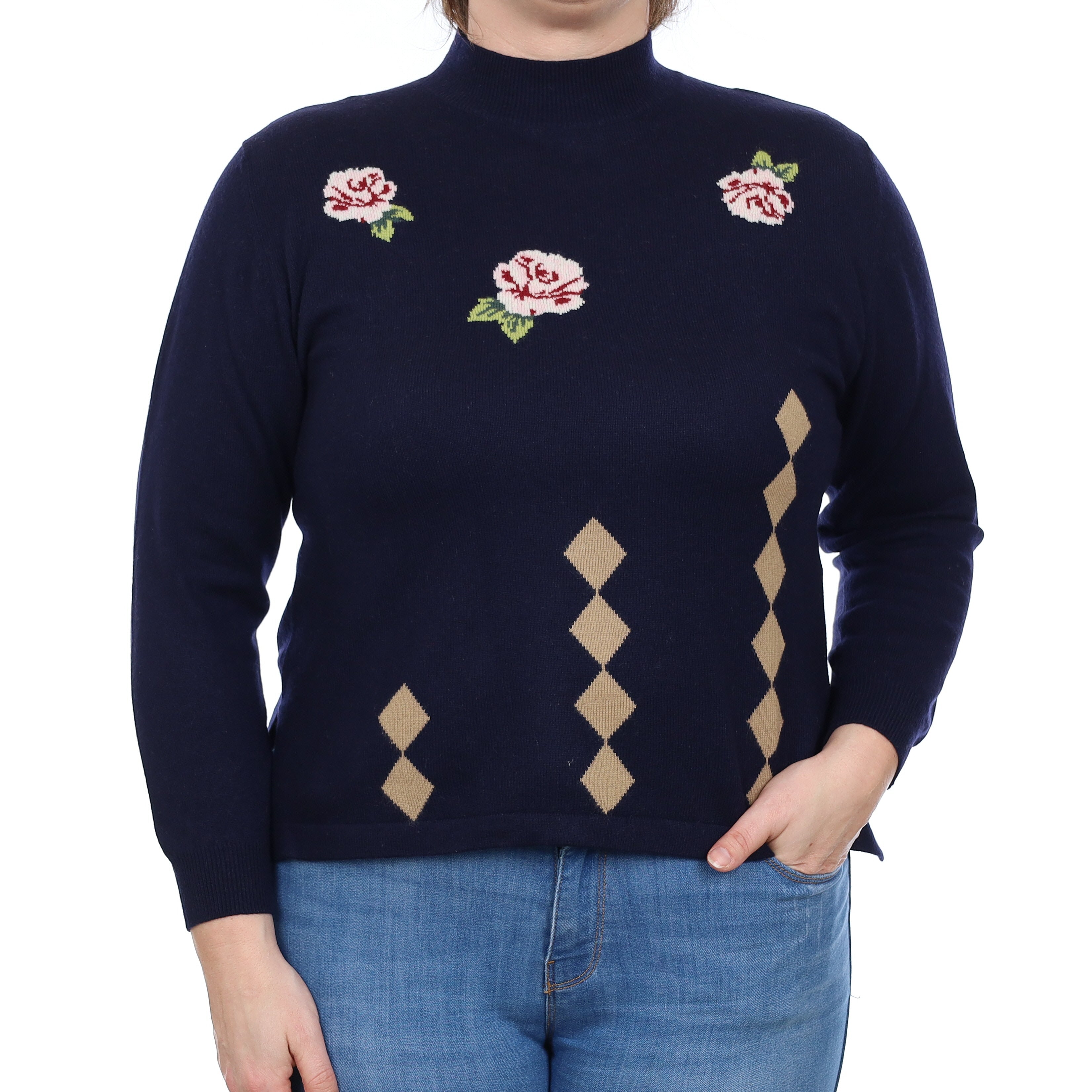 Navy Floral Cashmere Polo Neck Jumper Large
