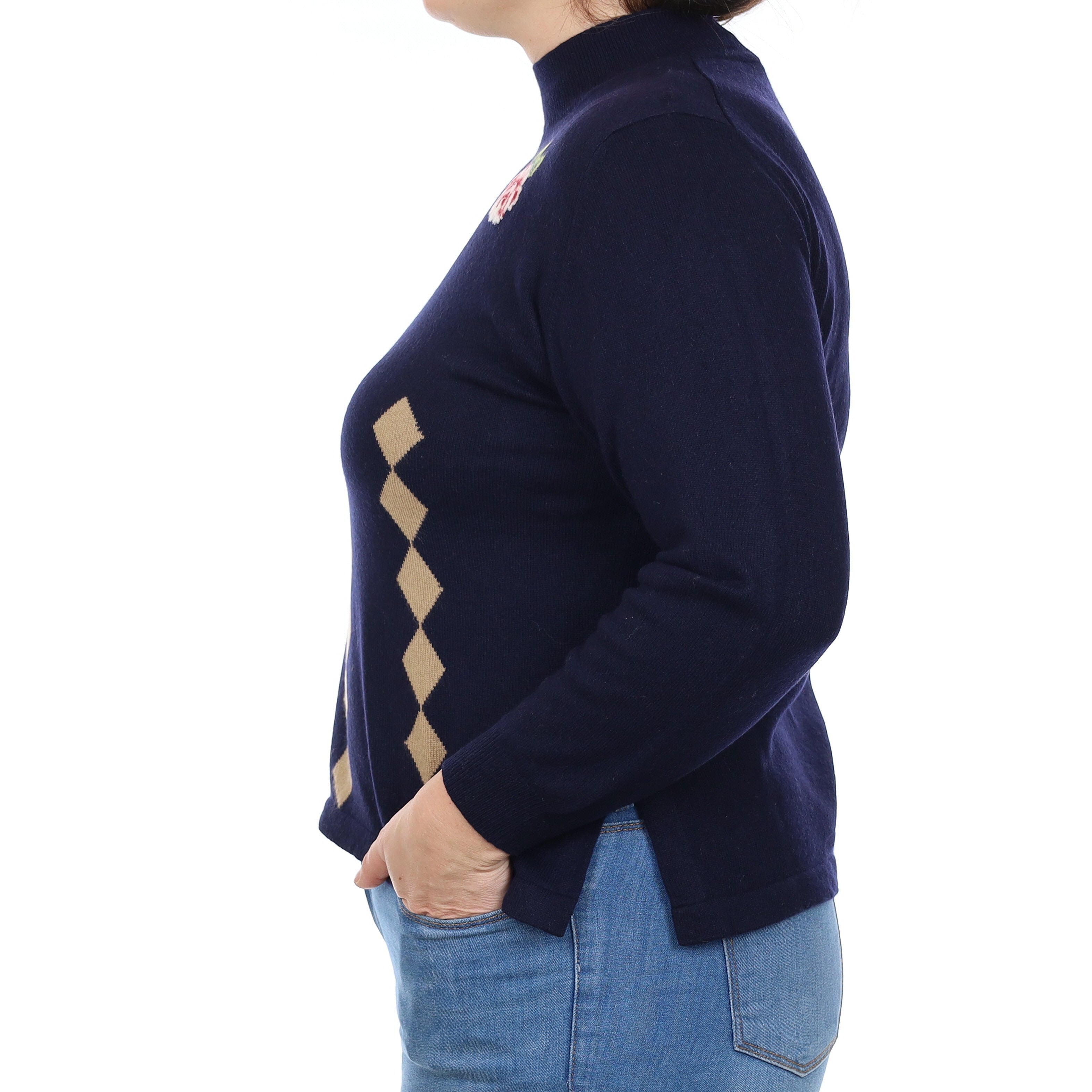 Navy Floral Cashmere Polo Neck Jumper Large
