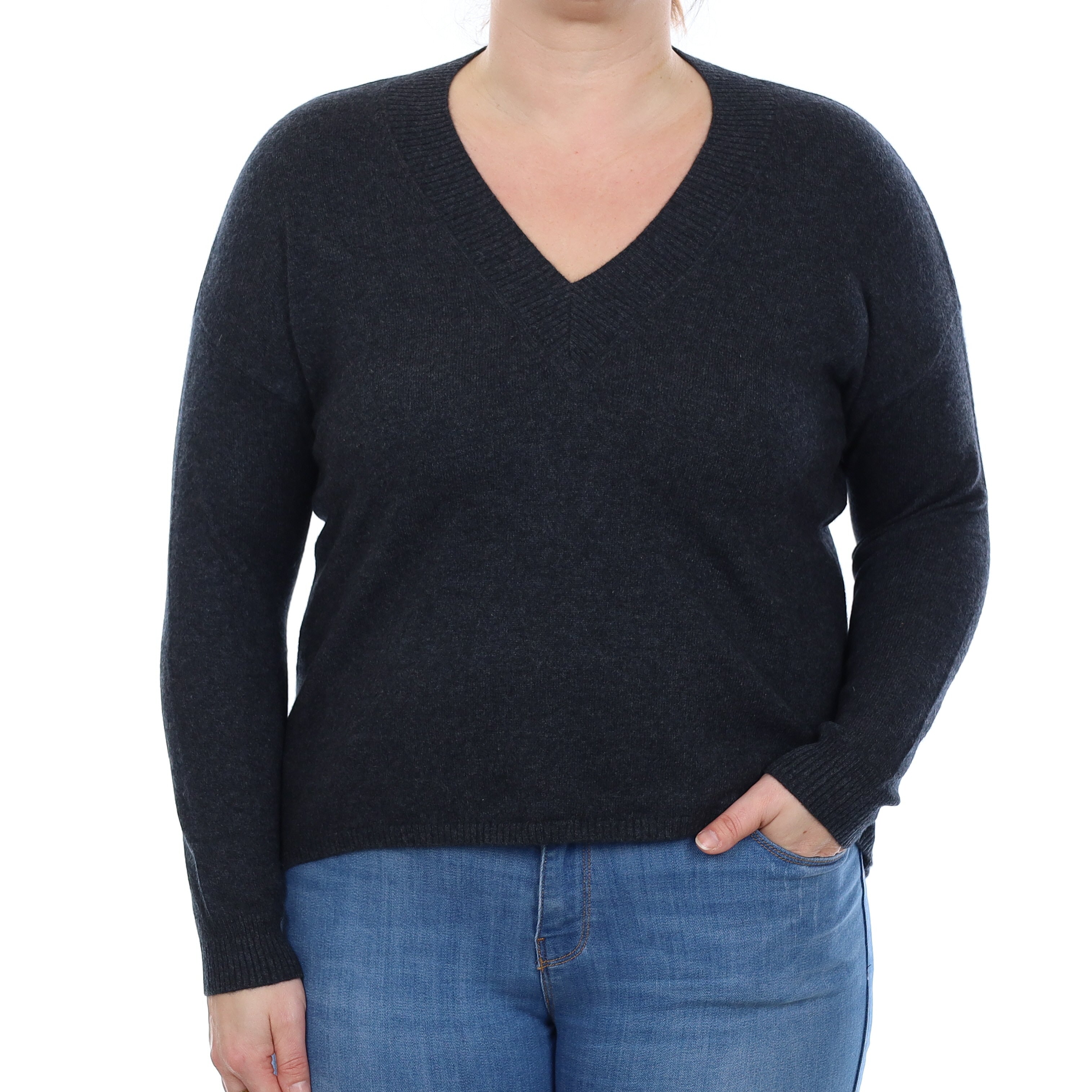 Charcoal Grey Trim Detail Cashmere V Neck Jumper Large