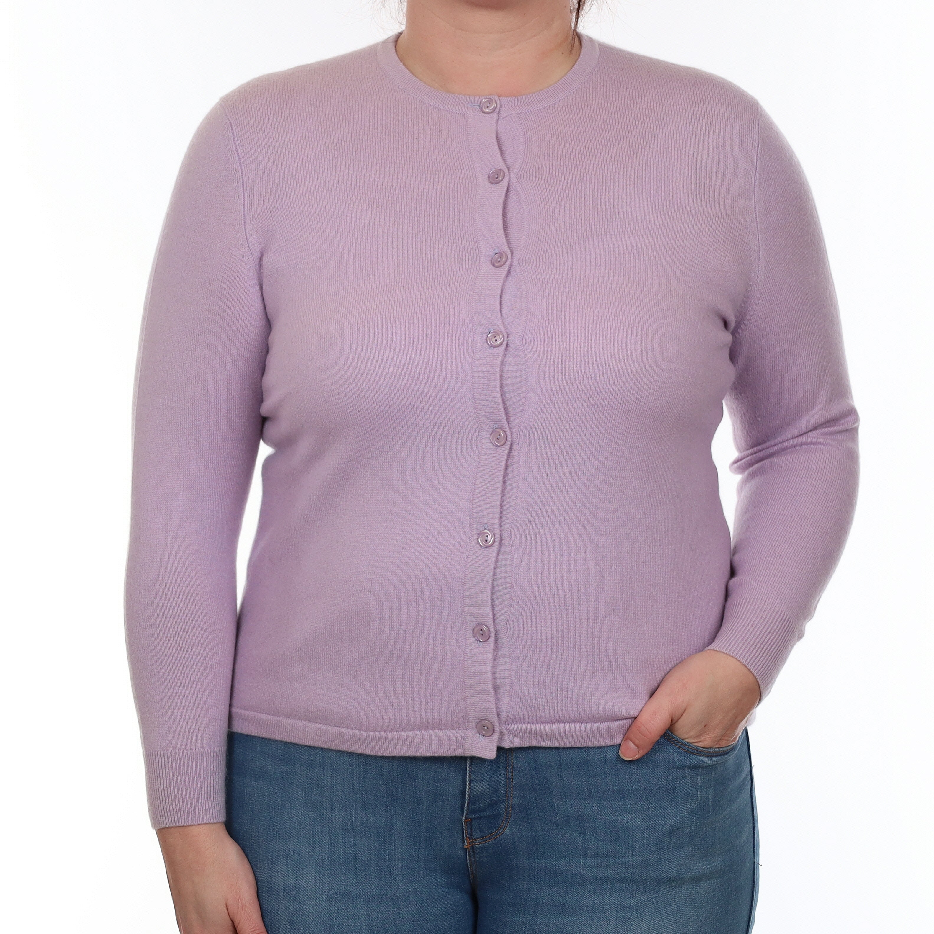 Pale Lavender Purple Cashmere Crew Nack Cardigan Large