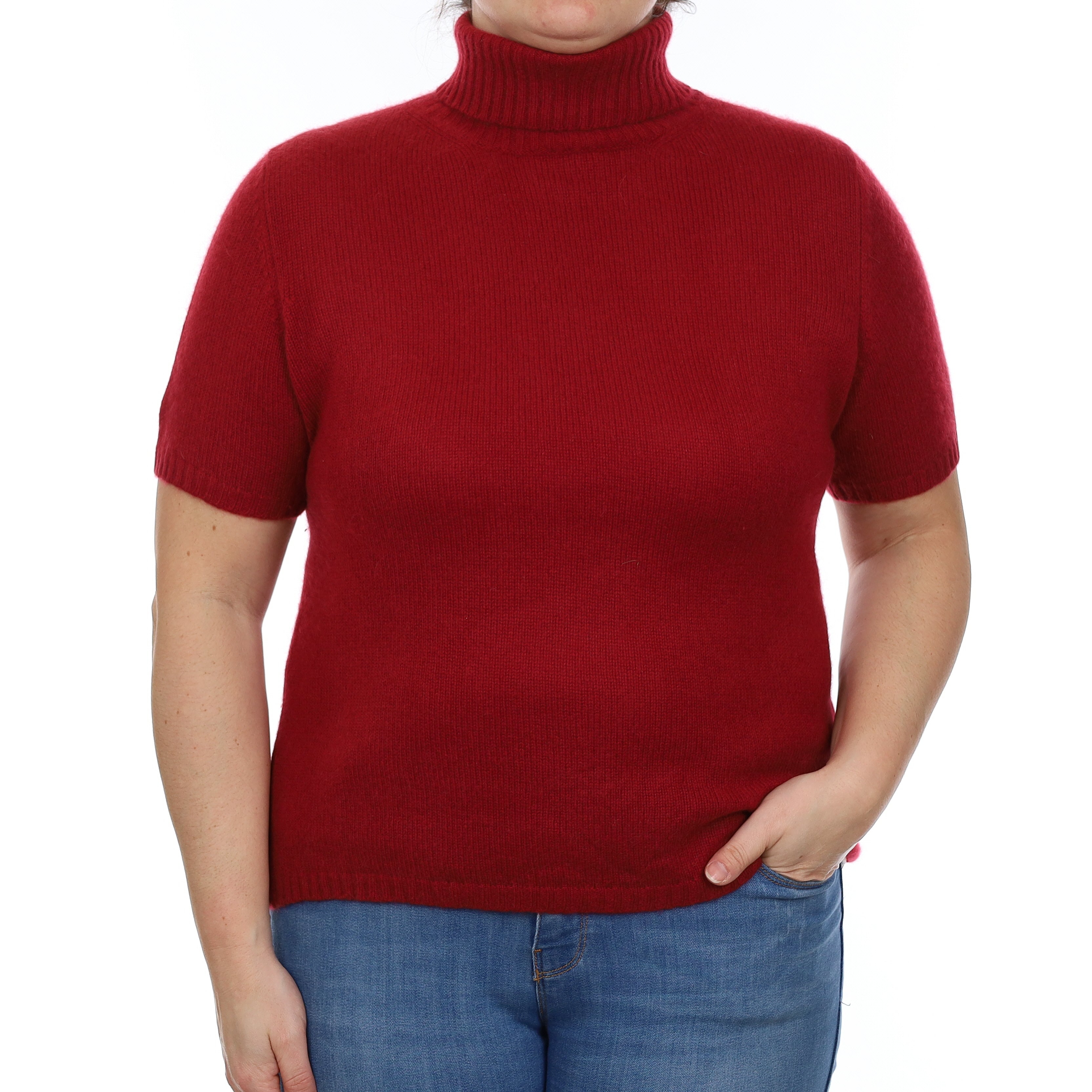 Crimson Red Heavy Knit Cashmere Short Sleeve Polo Neck Jumper Large