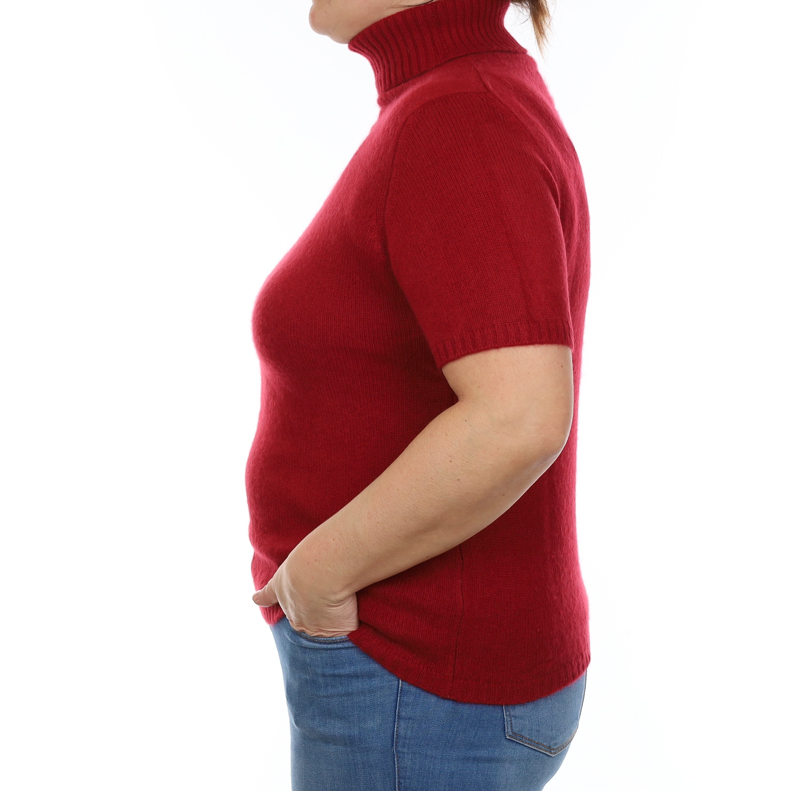 Crimson Red Heavy Knit Cashmere Short Sleeve Polo Neck Jumper Large