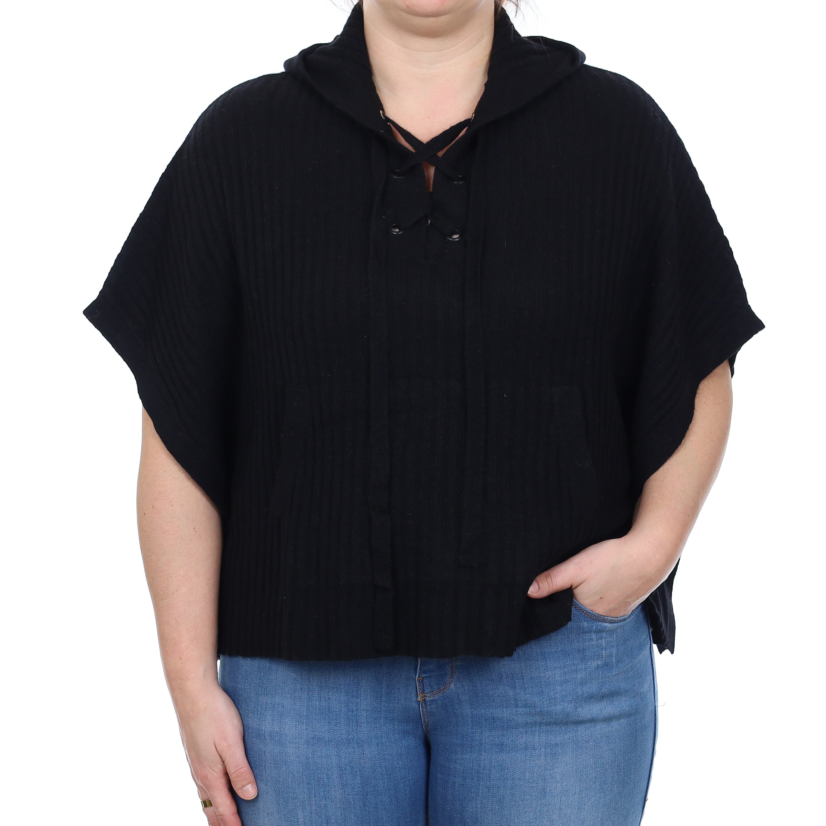 Black Rib Cashmere Poncho Style Jumper with Hood Large