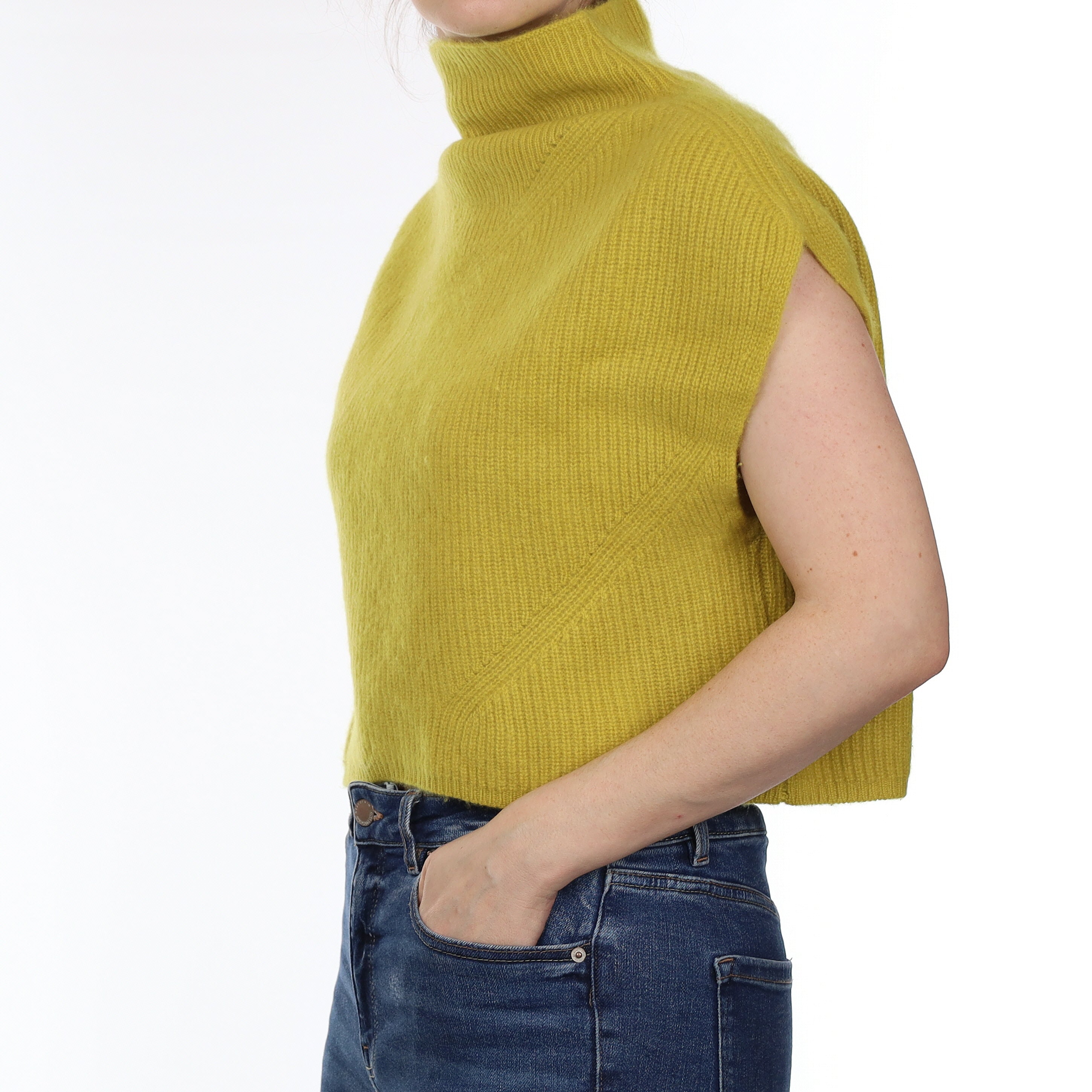 Chartreuse Yellow Chunky Rib Cashmere Sleeveless Funnel Neck Jumper Small