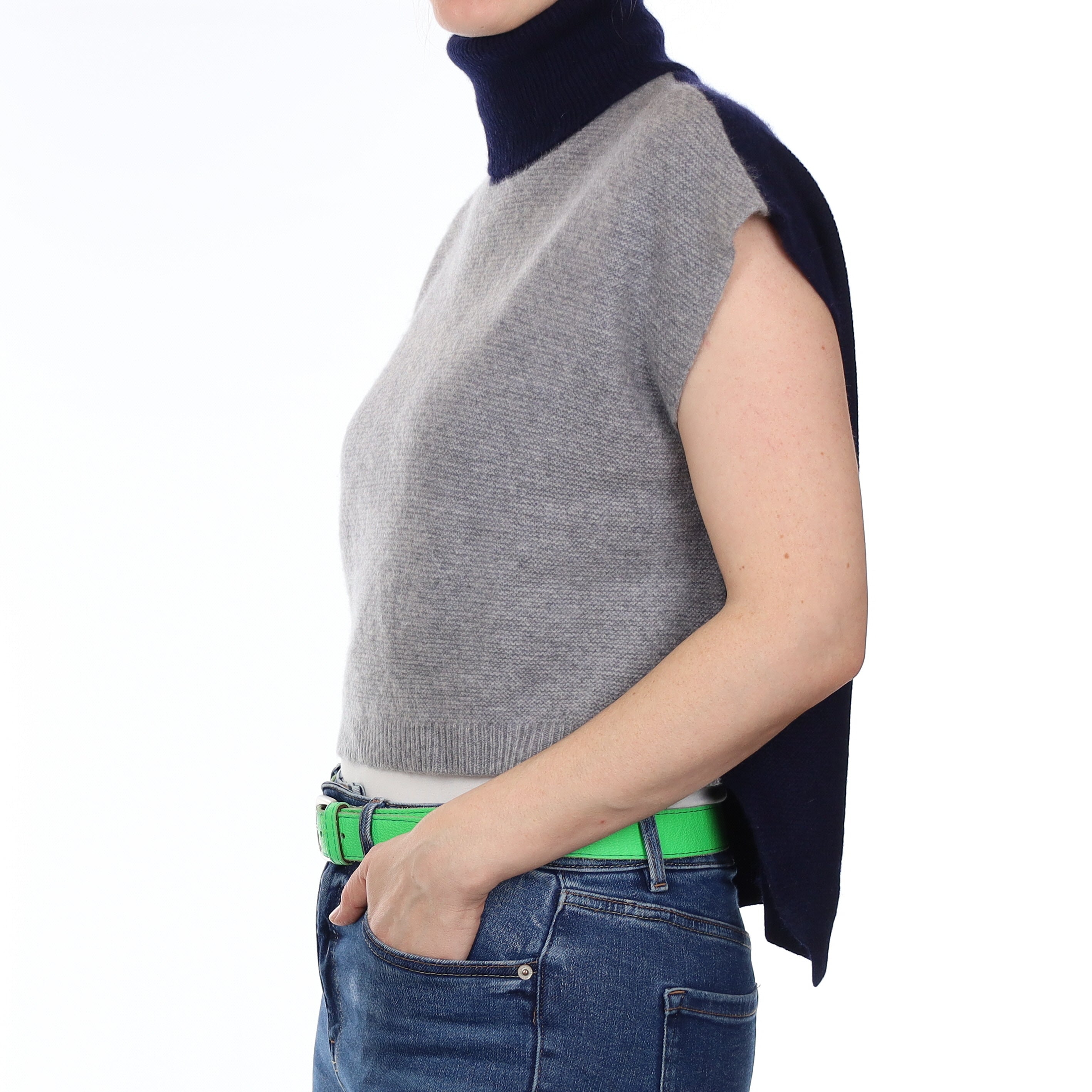 Navy and Smoke Grey Heavy Knit Cashmere Sleeveless Polo Neck Jumper Small