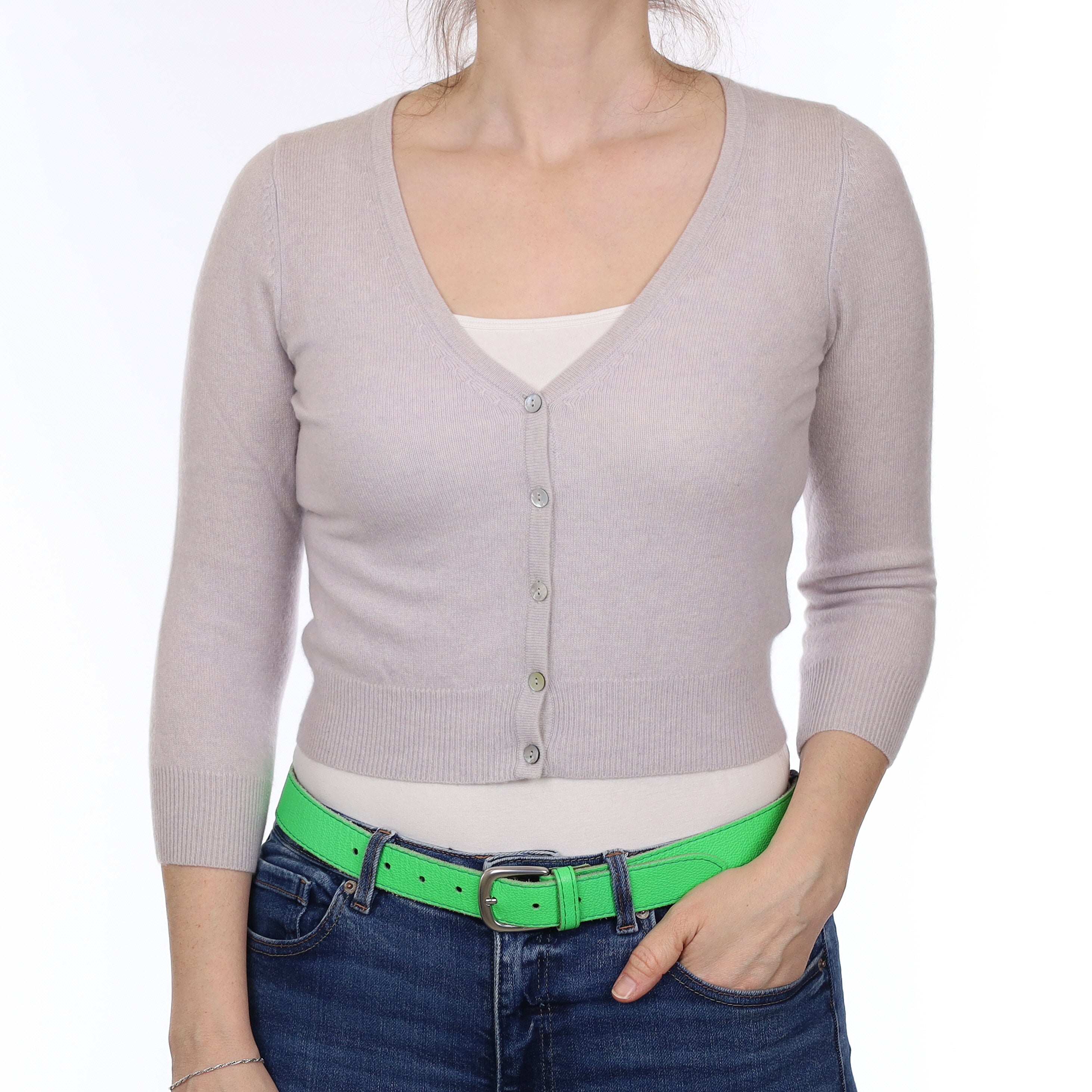 Ice Grey Cashmere 3/4 Sleeve V Neck Cardigan Small