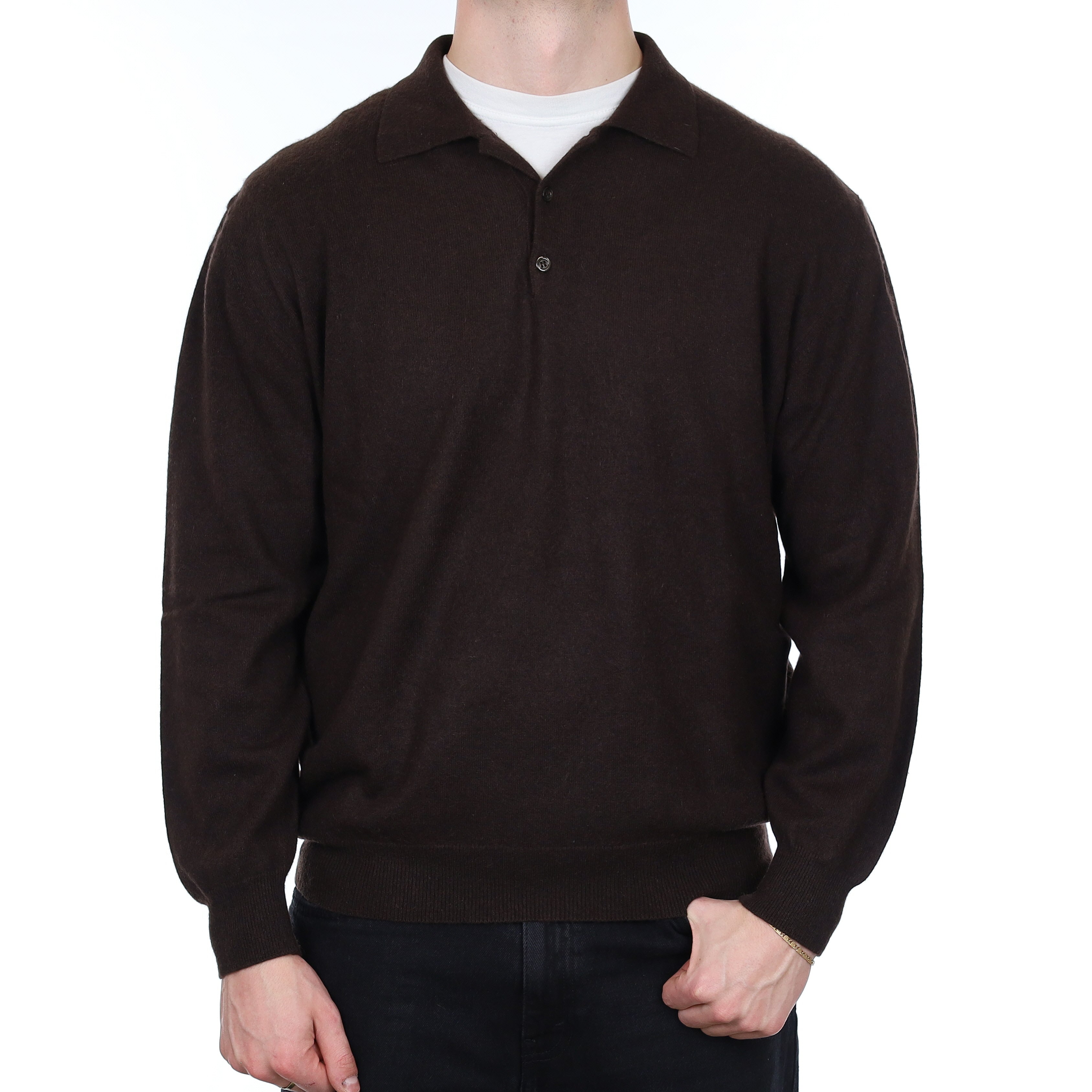 Men's Dark Chocolate Cashmere Collared 1/4 Button Jumper XL
