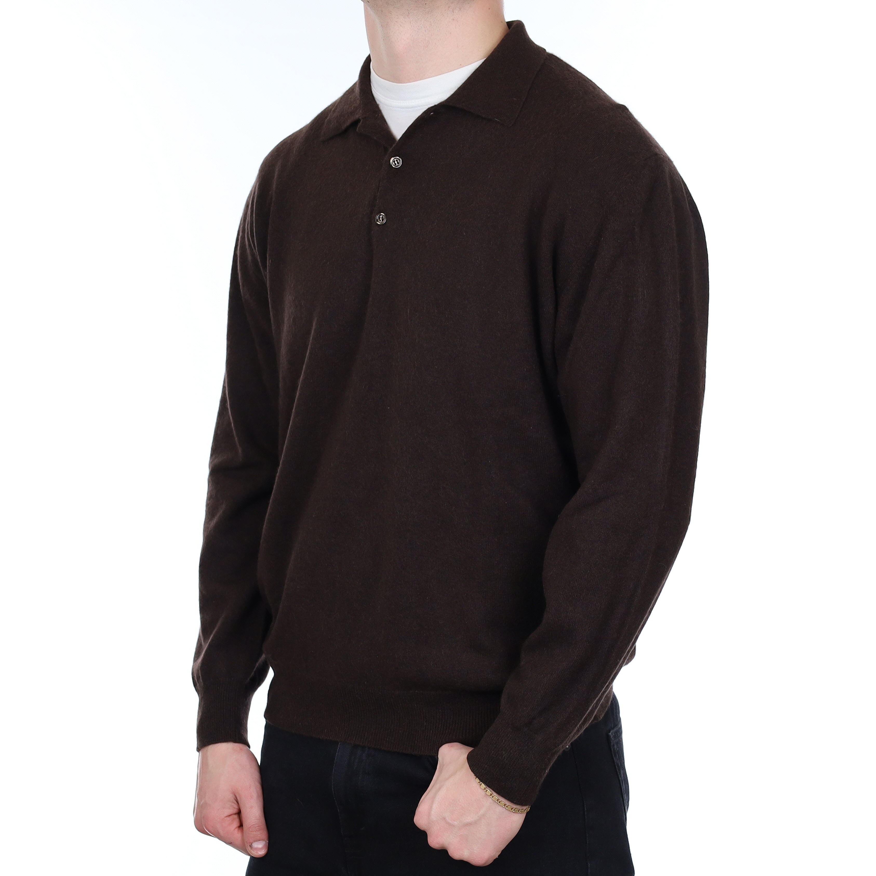 Men's Dark Chocolate Cashmere Collared 1/4 Button Jumper XL