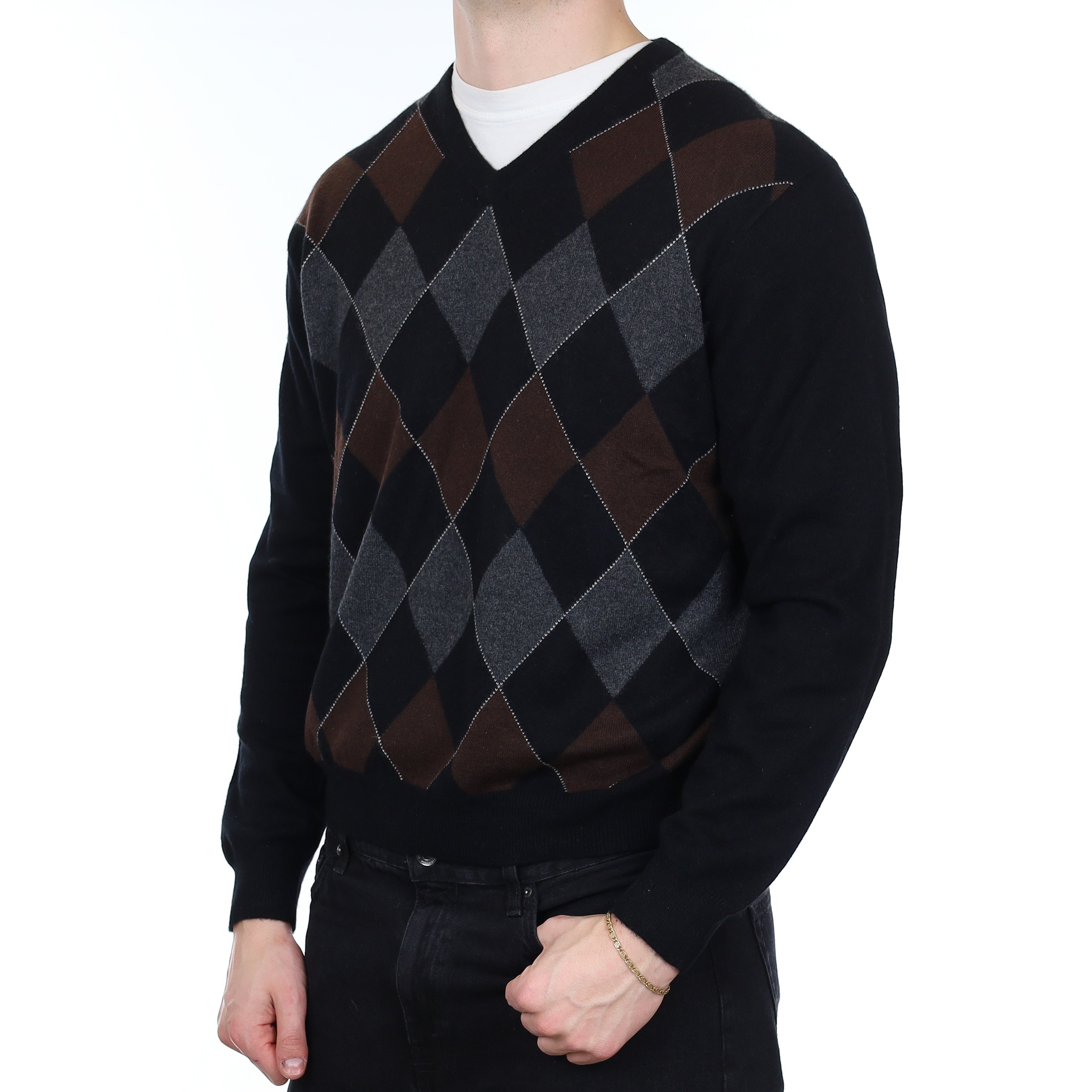 Men's Black and Brown Diamond Cashmere V Neck Jumper XL
