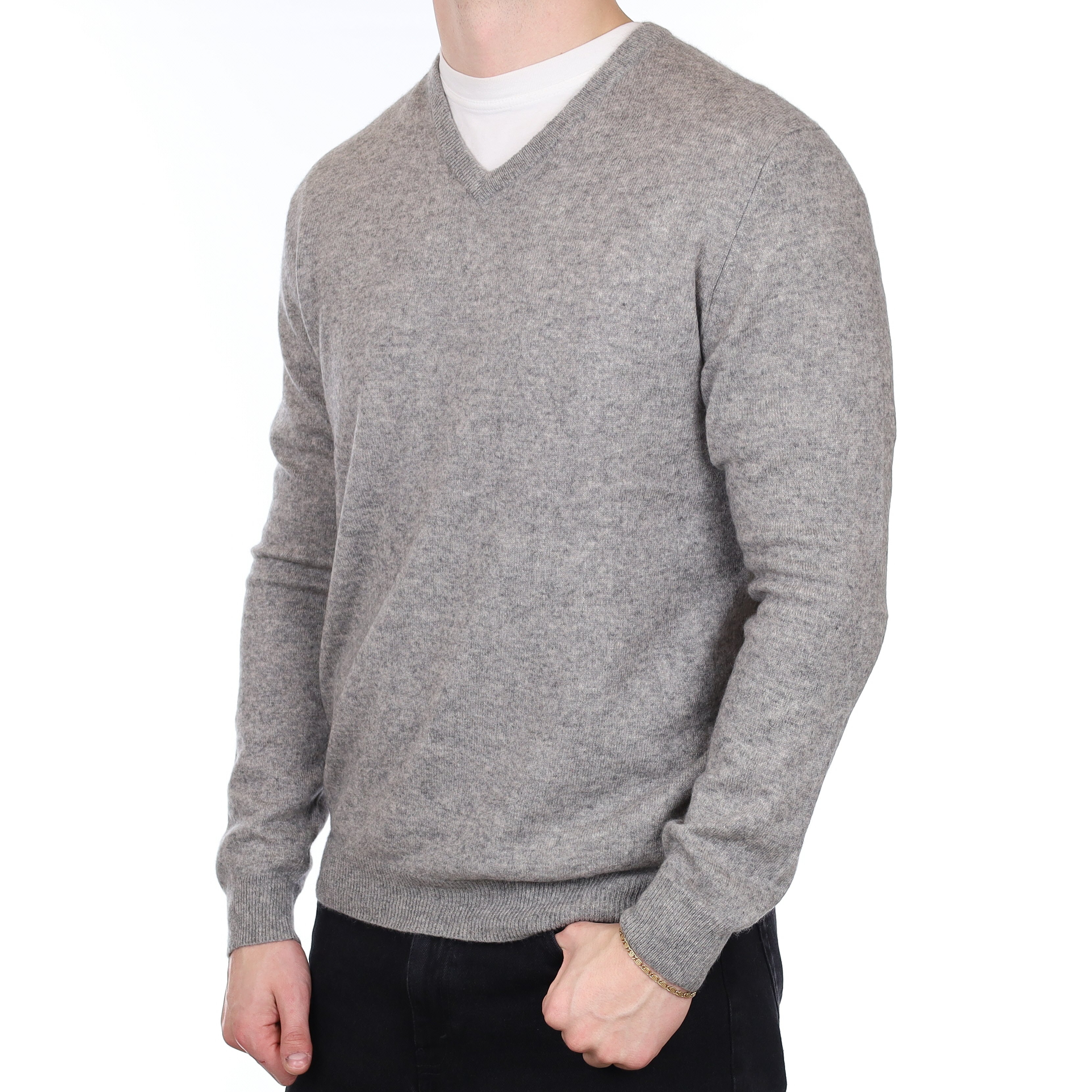 Men's Smoke Grey Cashmere V Neck Jumper XL