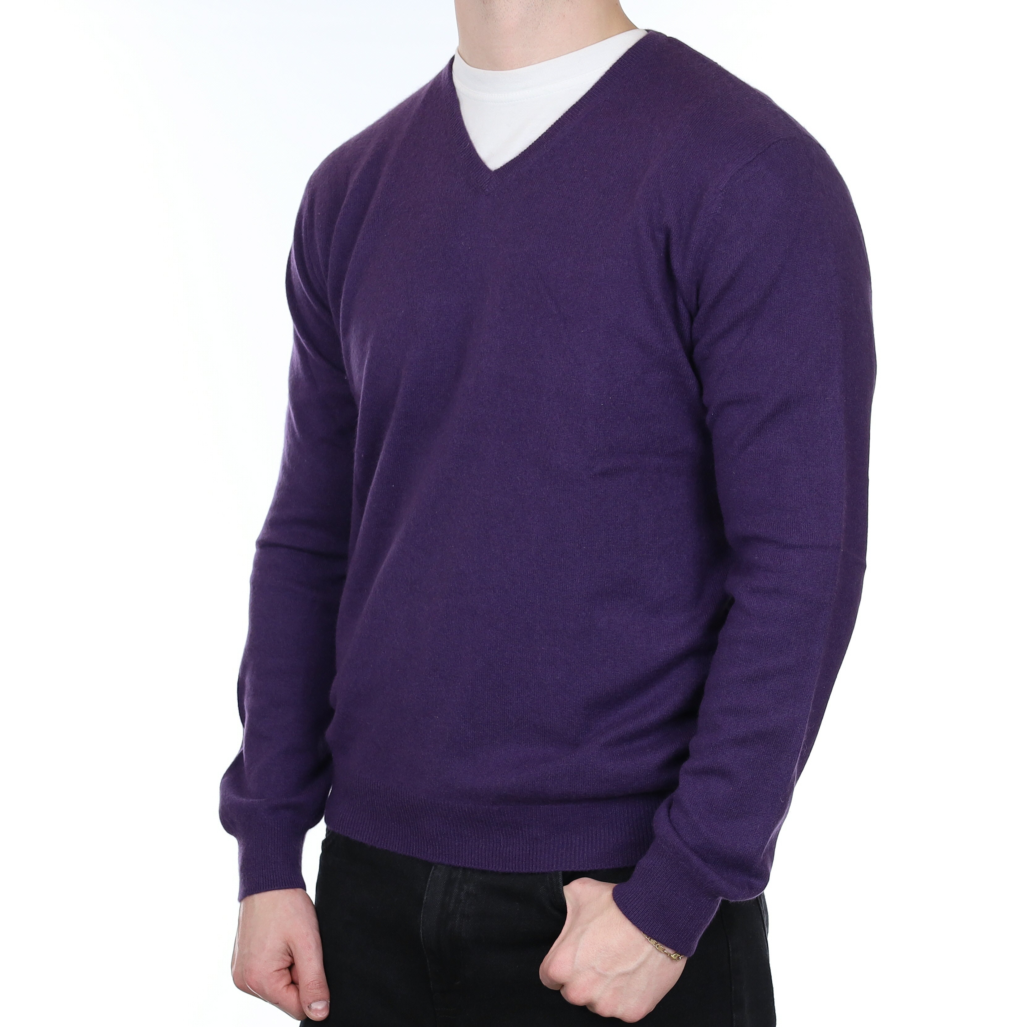 Men's Blueberry Purple Cashmere V Neck Jumper XL