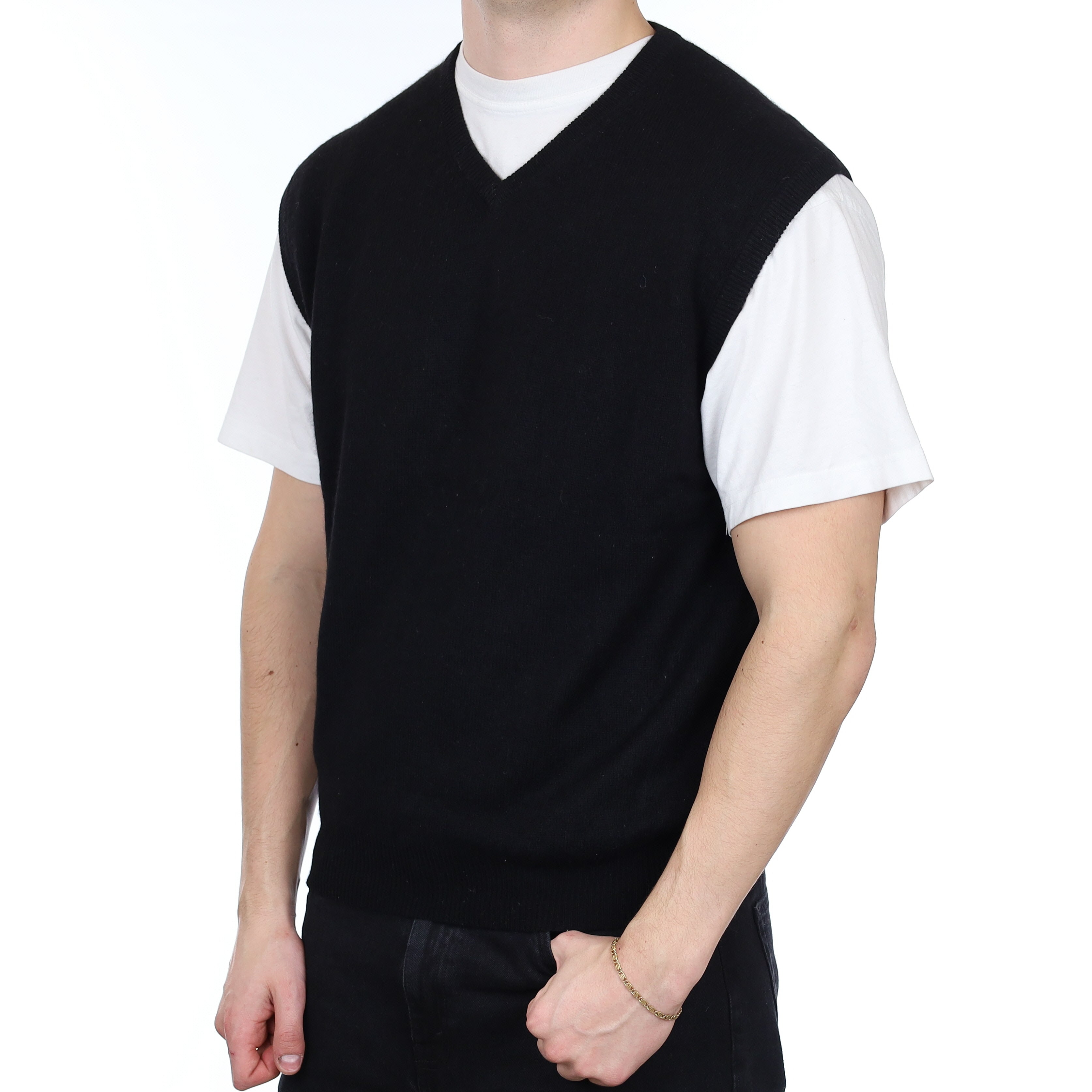 Men's Black Cashmere V Neck Tank Top XL