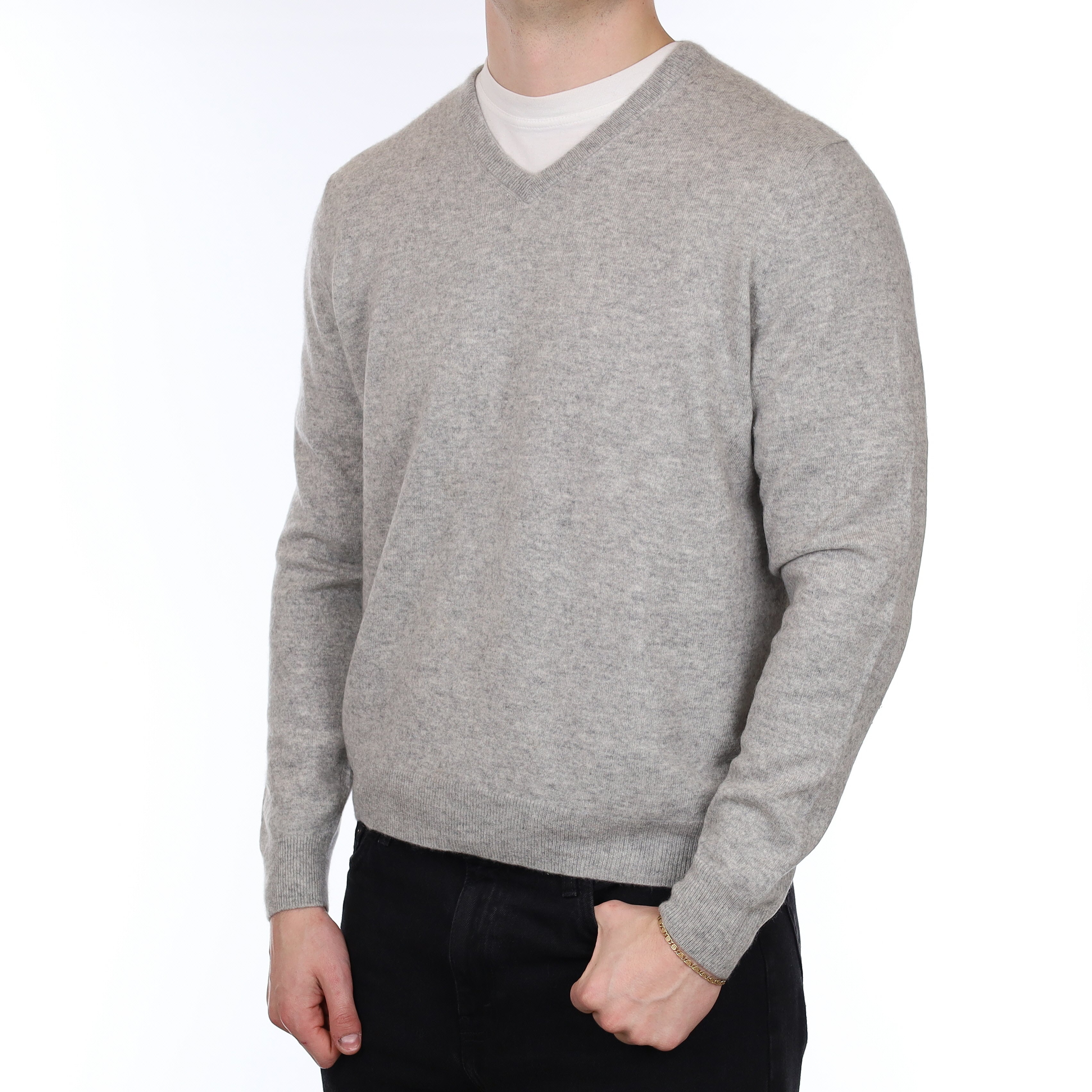 Men's Smoke Grey Cashmere V Neck Jumper XL