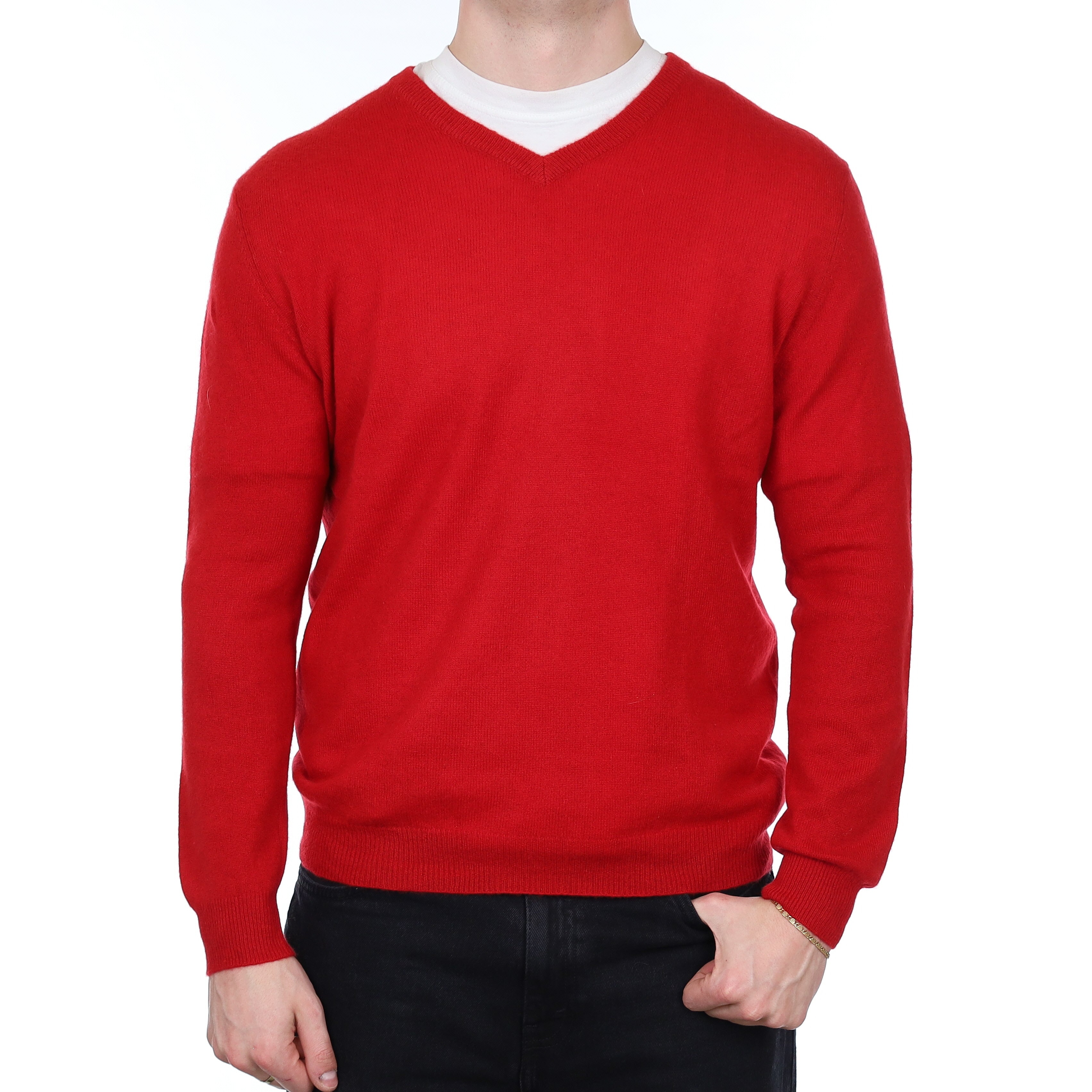 Men's Berry Red Cashmere V Neck Jumper XL