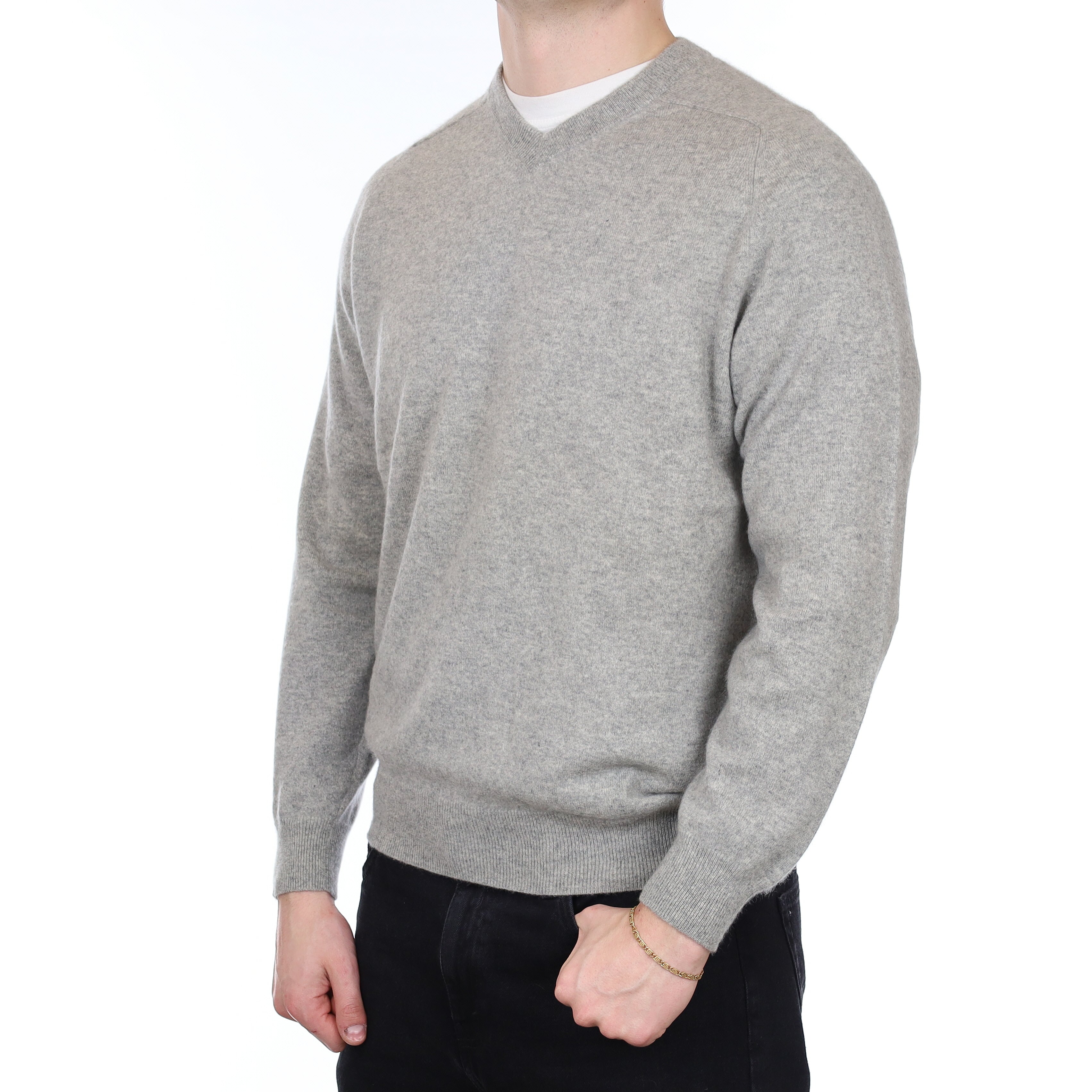 Men's Smoke Grey Cashmere V Neck Jumper XL