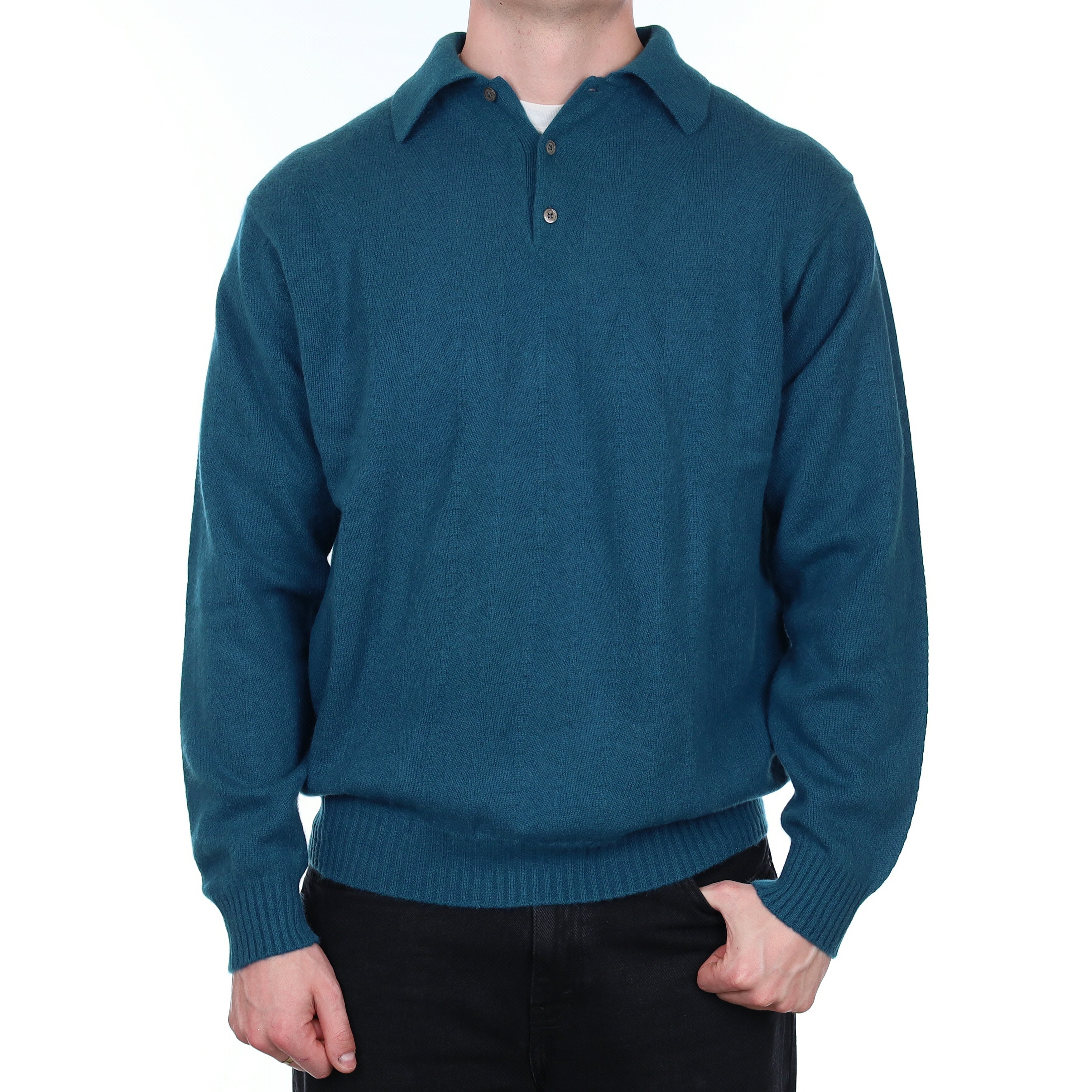 Men's Teal Blue Heavy Knit Cashmere Collared 1/4 Button Jumper XXL