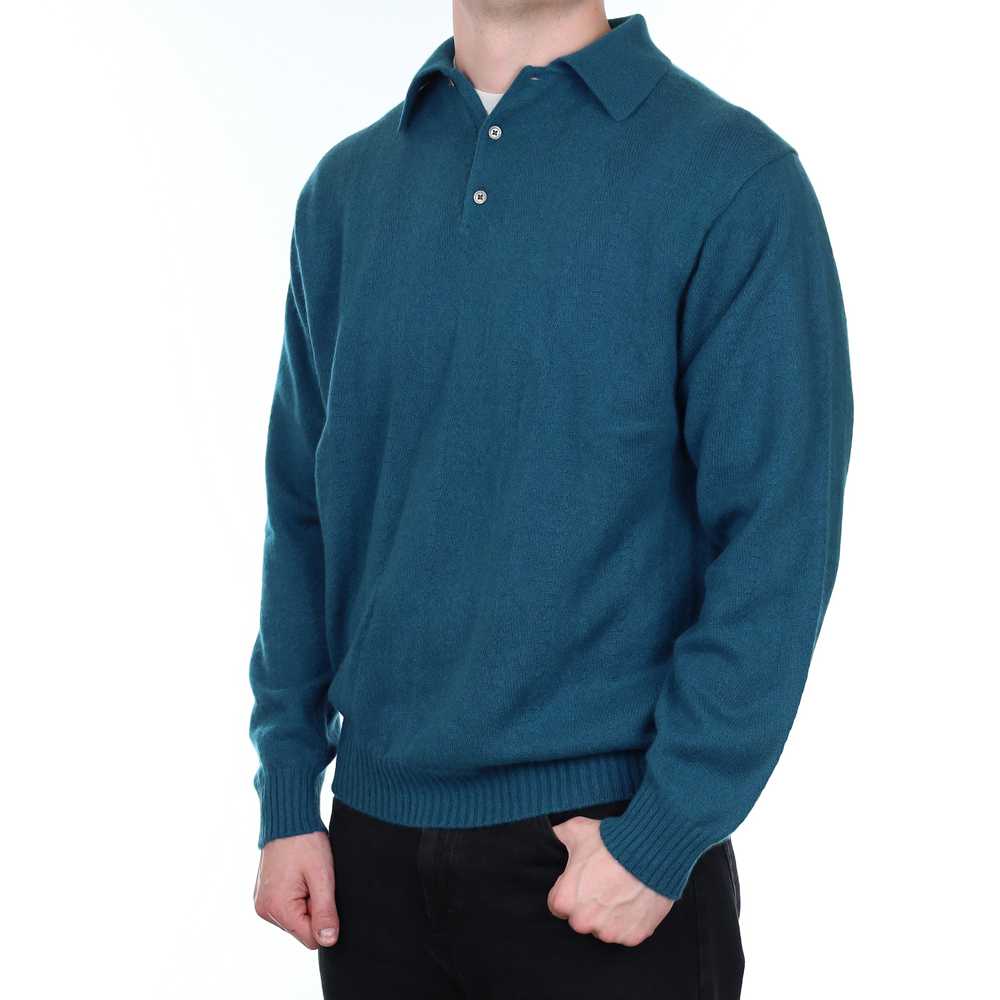 Men's Teal Blue Heavy Knit Cashmere Collared 1/4 Button Jumper XXL