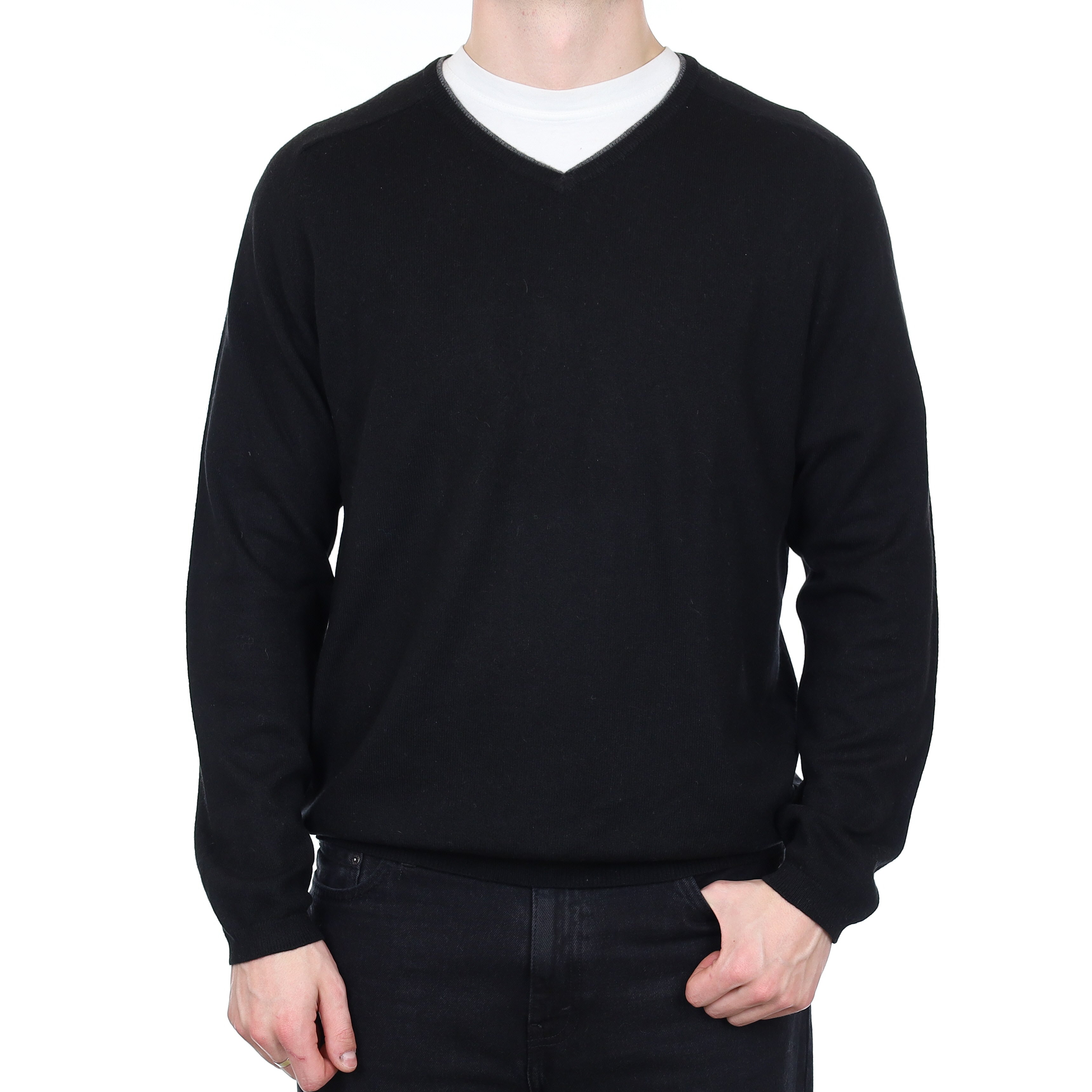 Men's Black with Grey Trim Cashmere V Neck Jumper XXL