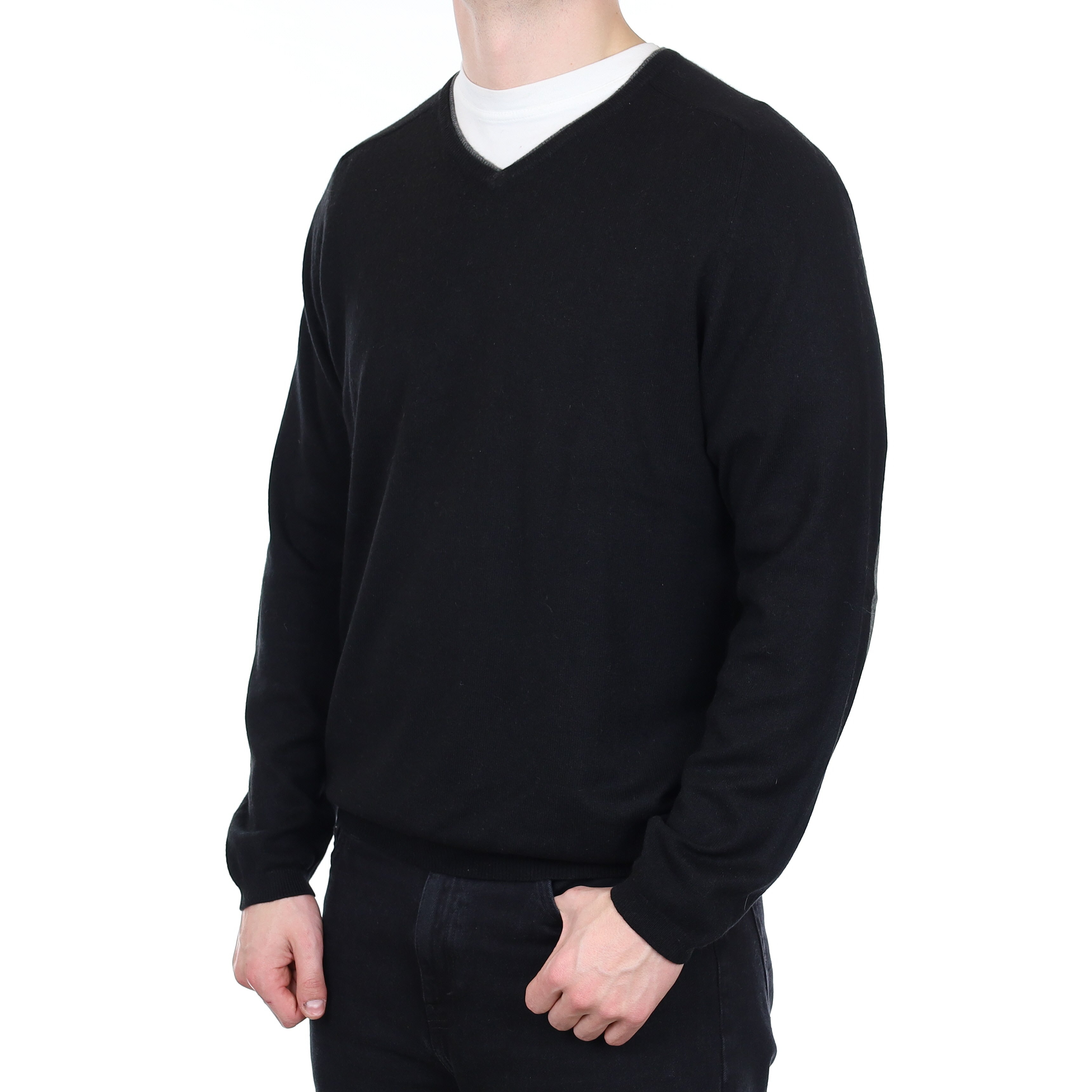 Men's Black with Grey Trim Cashmere V Neck Jumper XXL