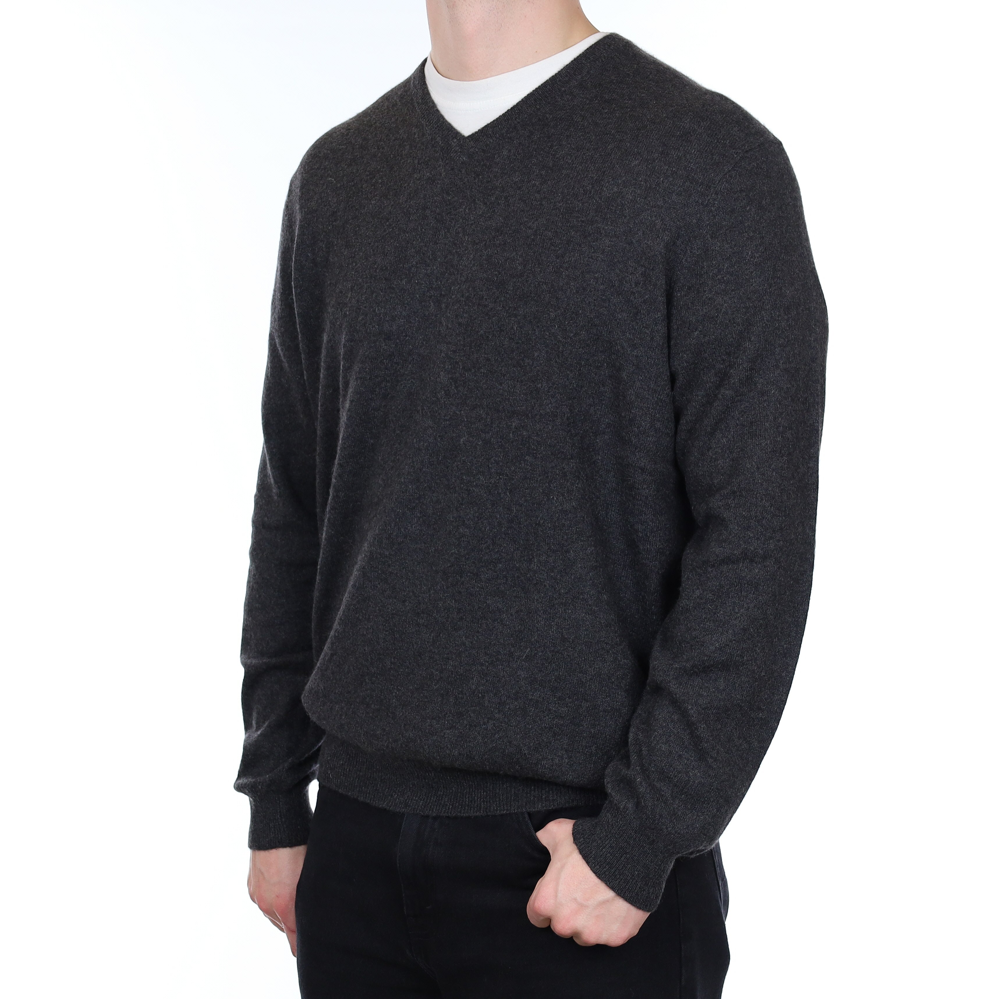 Men's Charcoal Grey Cashmere V Neck Jumper XXL