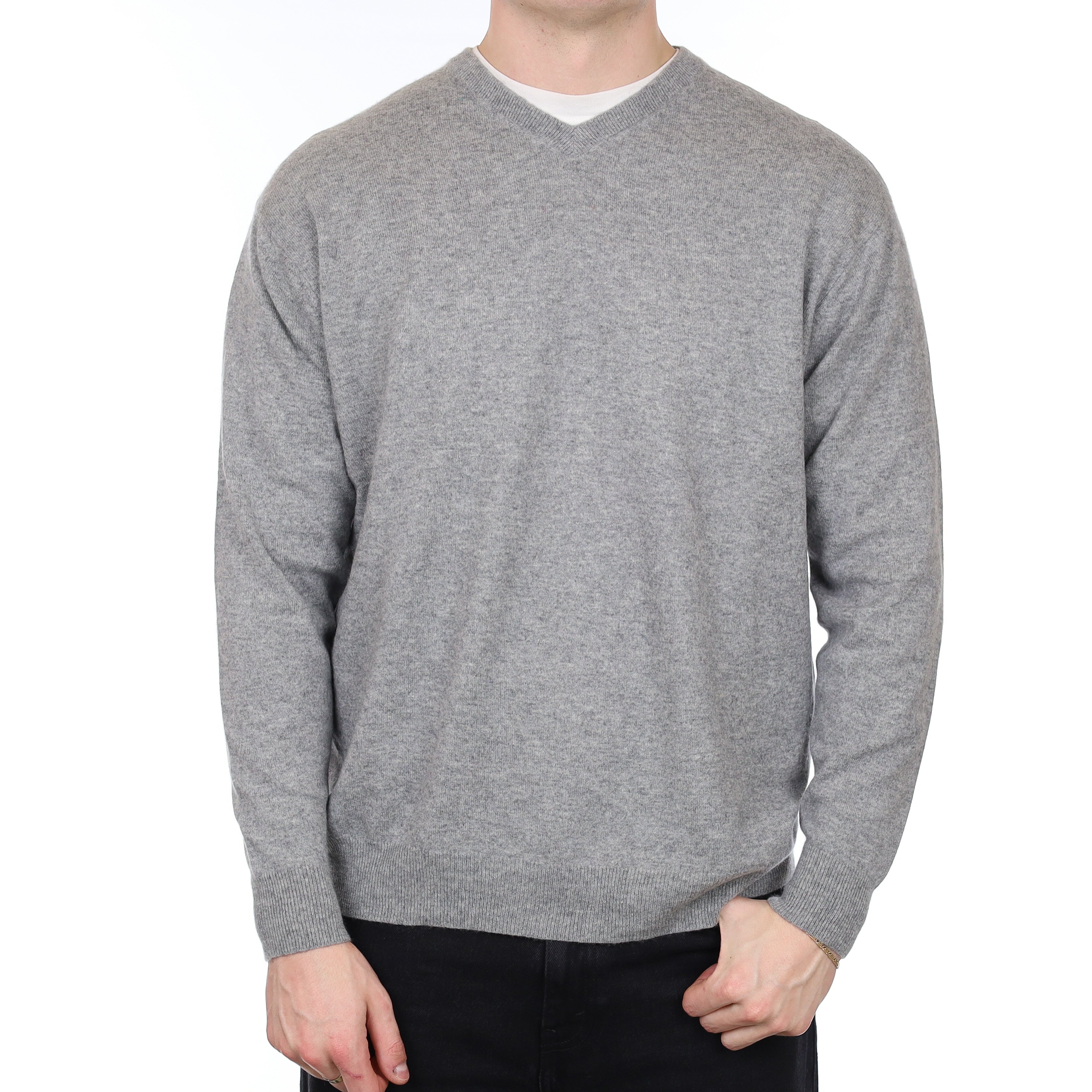 Men's Ash Grey Cashmere V Neck Jumper XXL