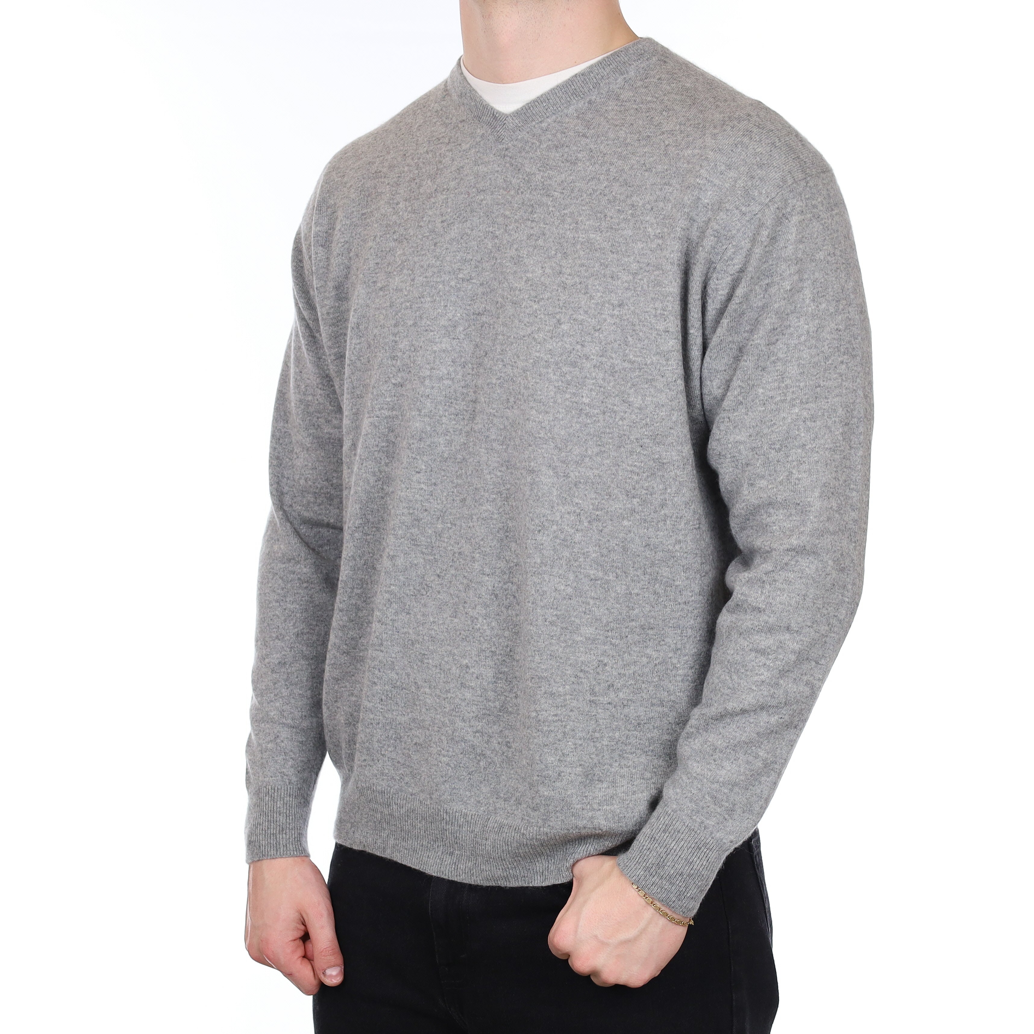 Men's Ash Grey Cashmere V Neck Jumper XXL