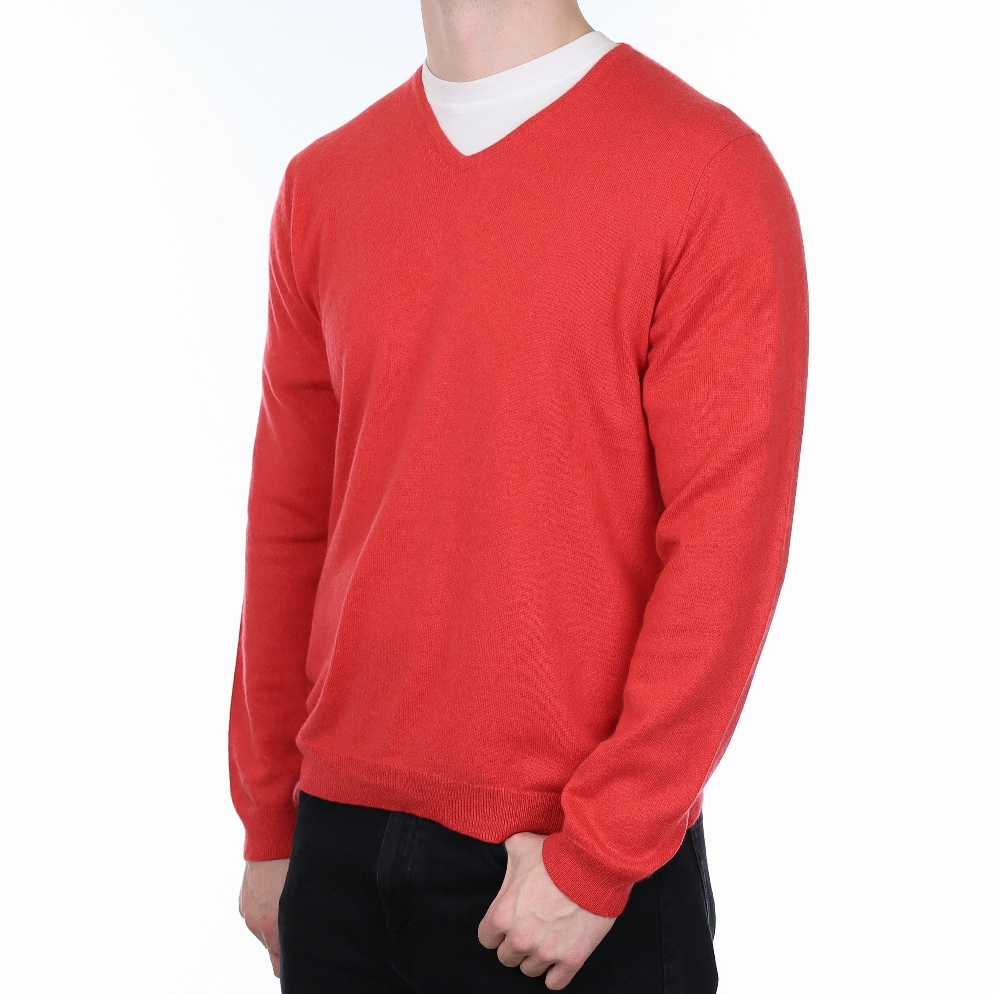 Men's Vermillion Red Cashmere V Neck Jumper XXL