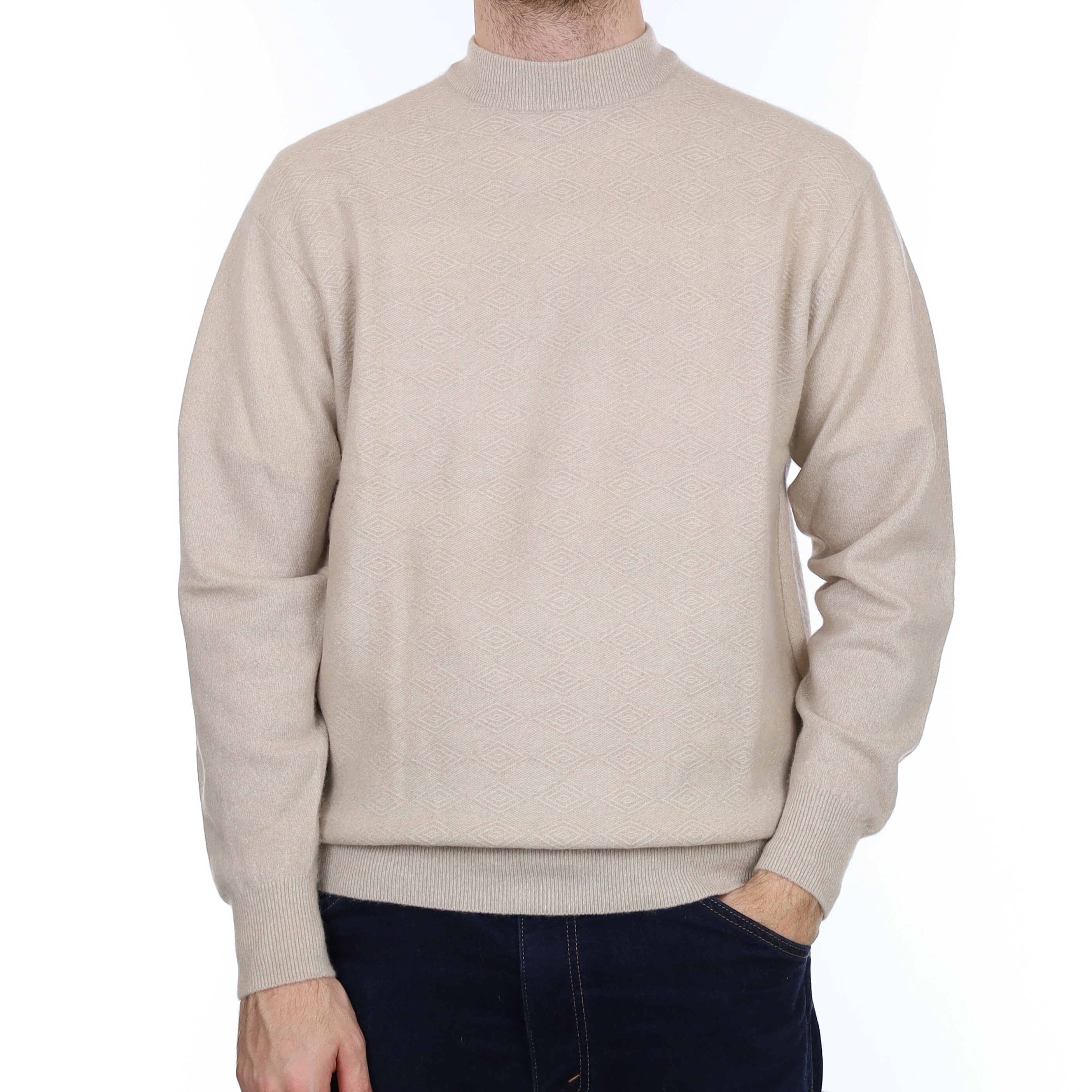 Men's Oatmeal Textured Cashmere Turtle Neck Jumper Large