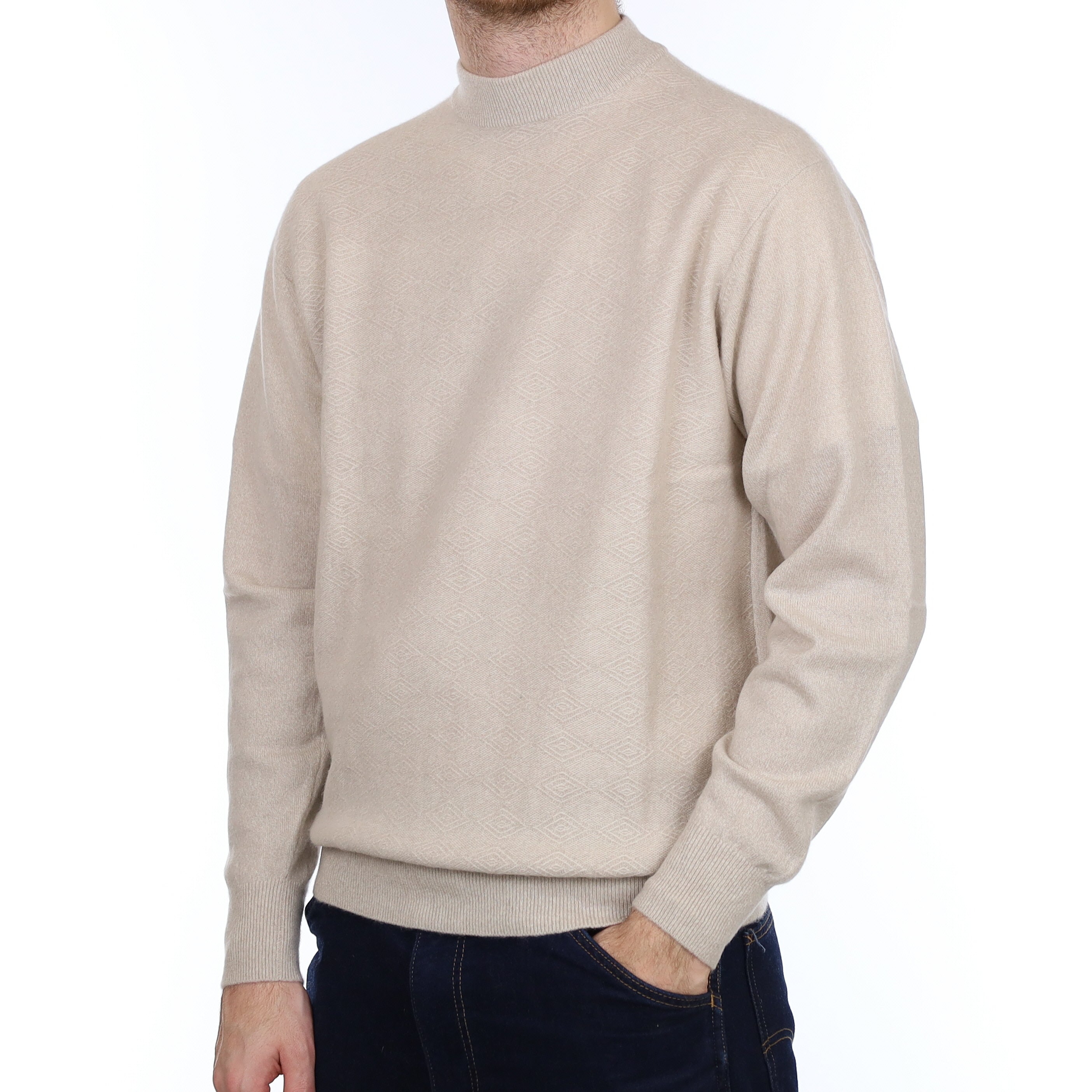 Men's Oatmeal Textured Cashmere Turtle Neck Jumper Large