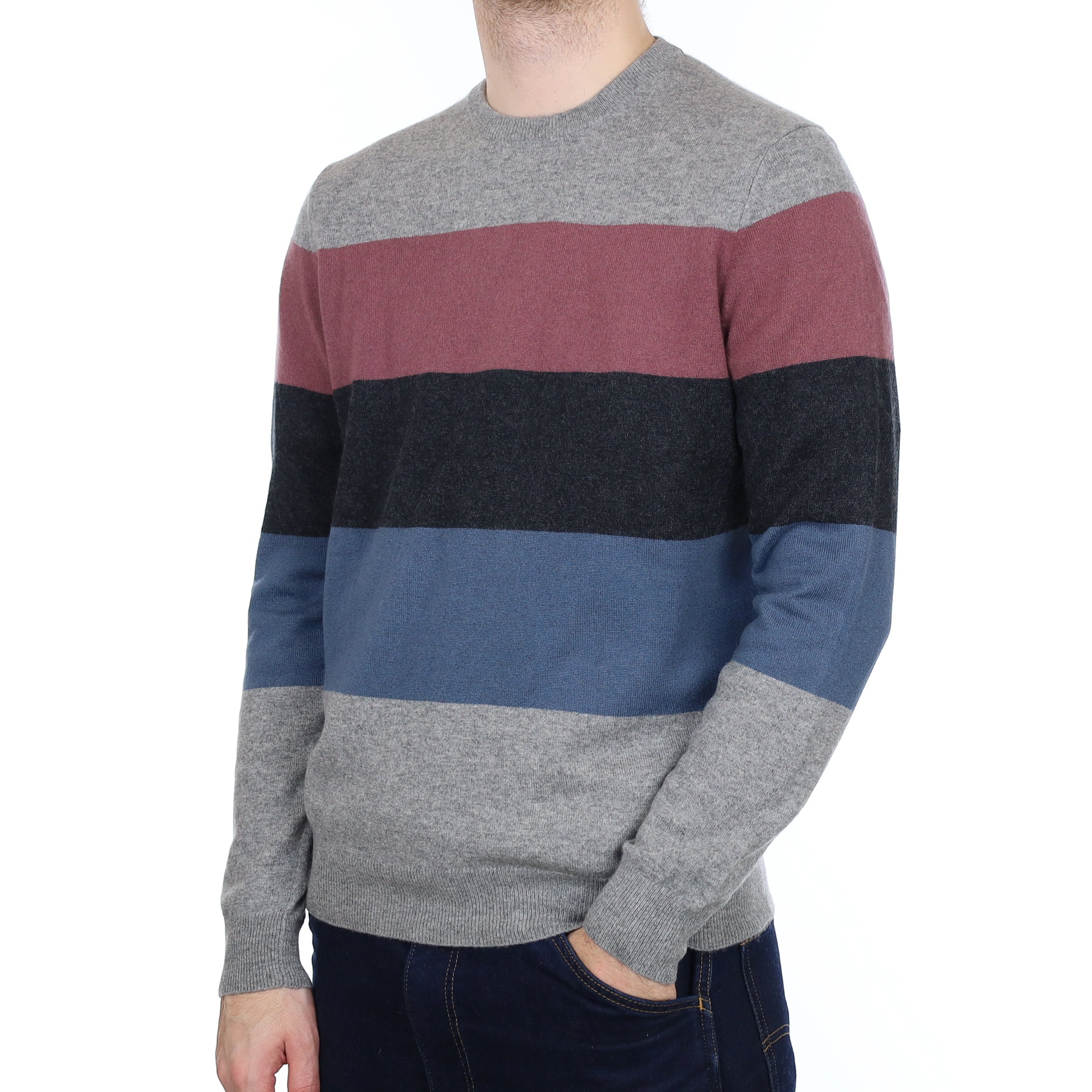 Men's Grey and Blue Stripe Cashmere Crew Neck Jumper Large