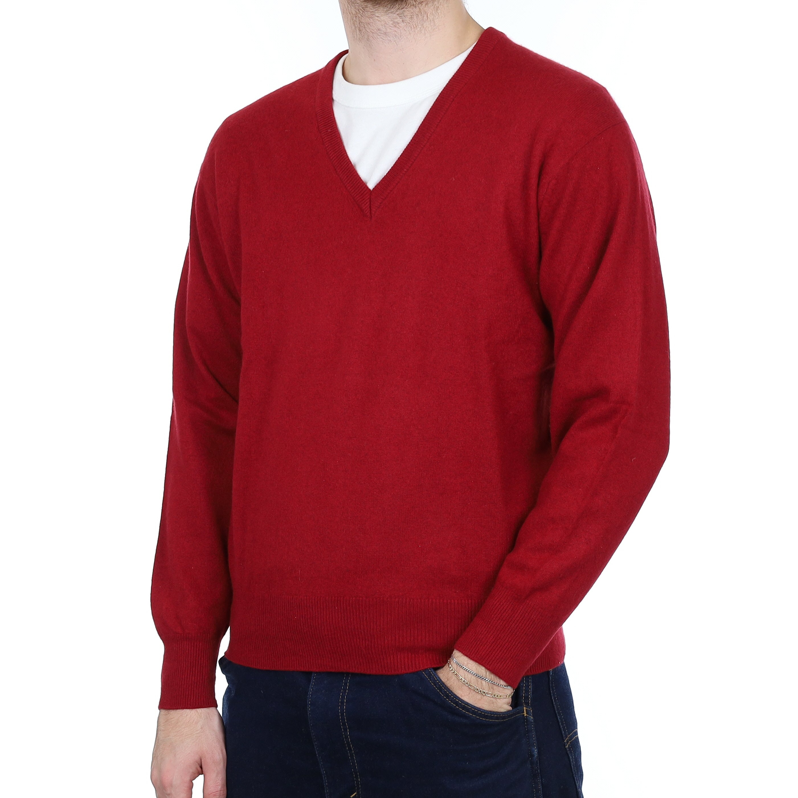 Men's Crimson Red Cashmere V Neck Jumper Medium