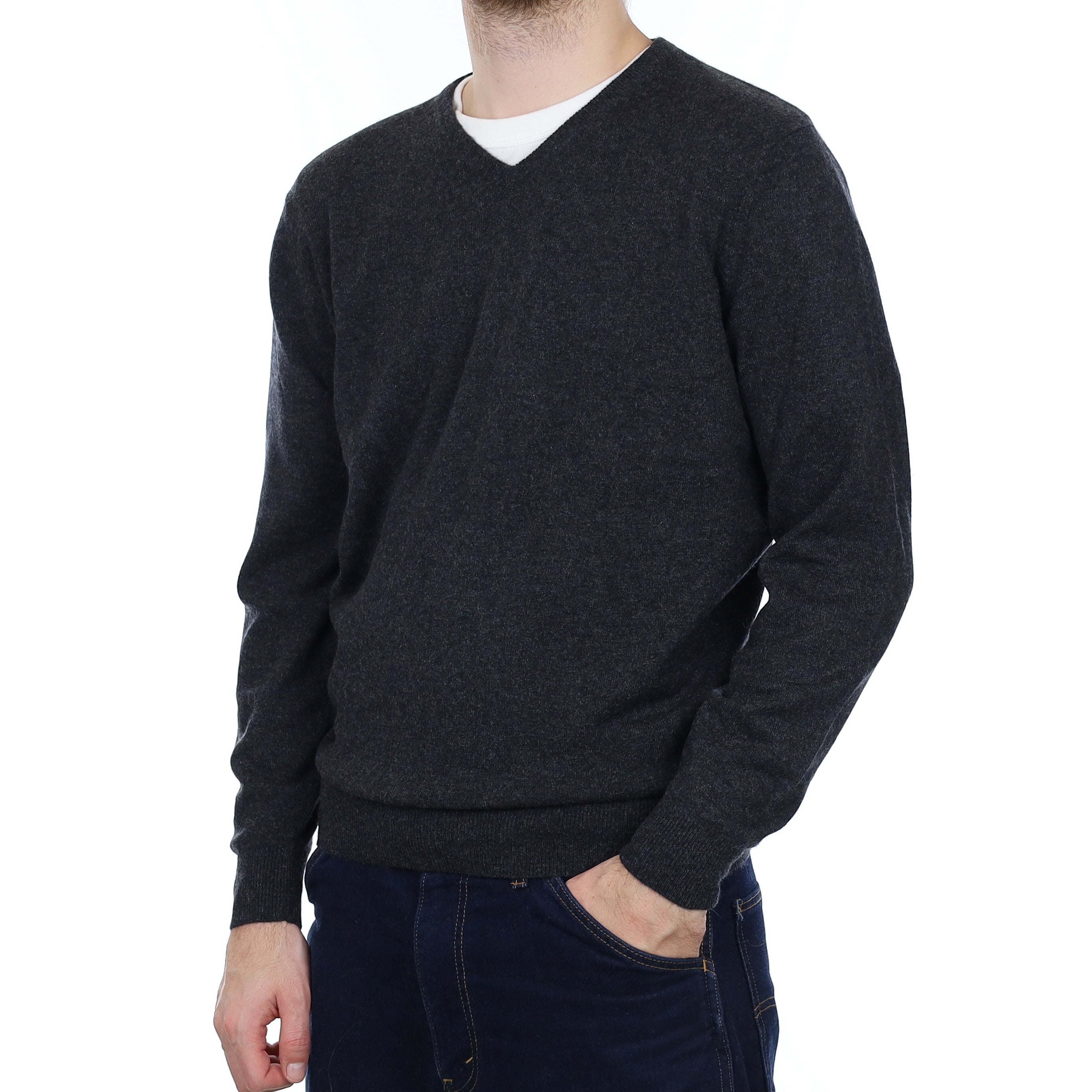 Men's Charcoal Grey Cashmere V Neck Jumper Large