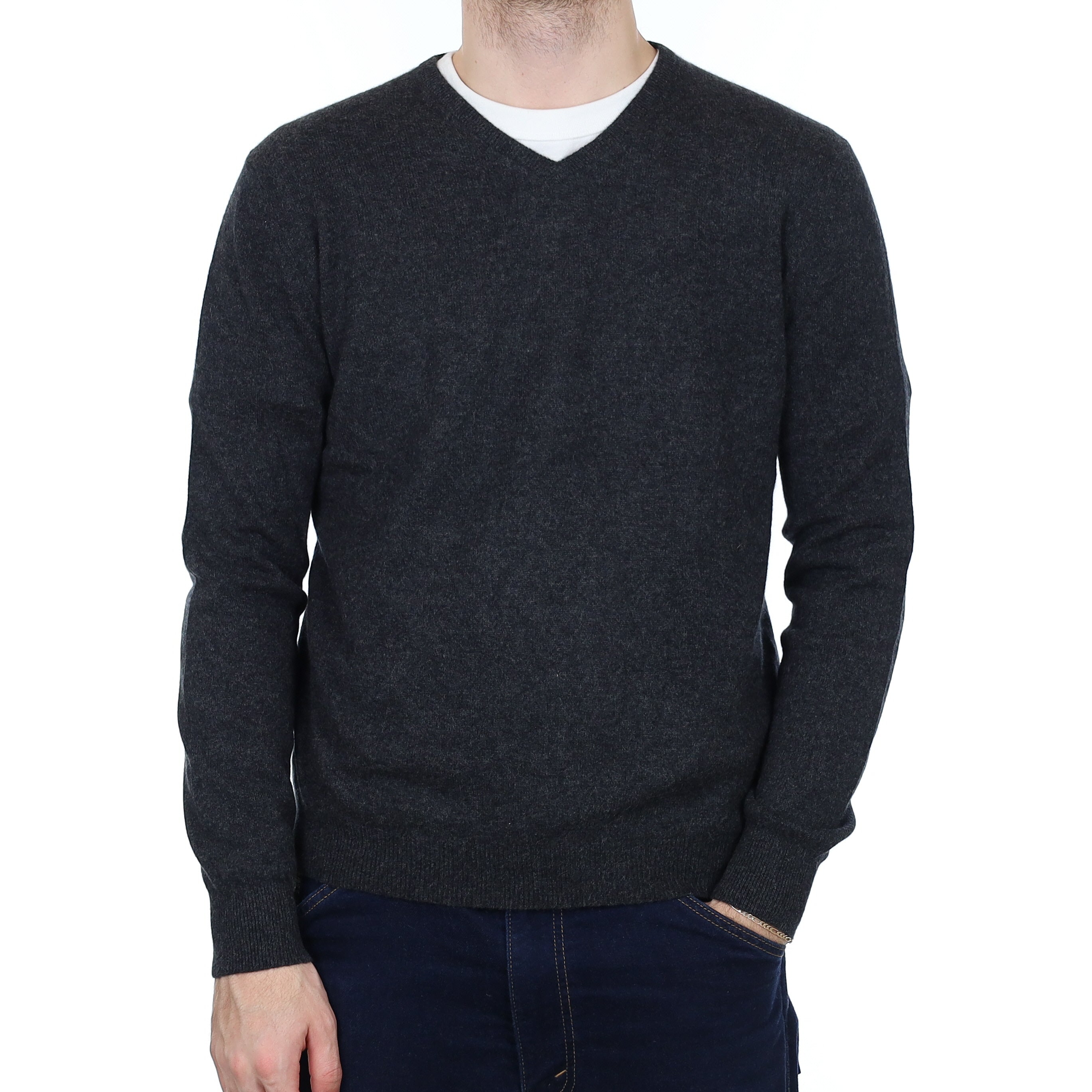 Men's Charcoal Grey Cashmere V Neck Jumper Large