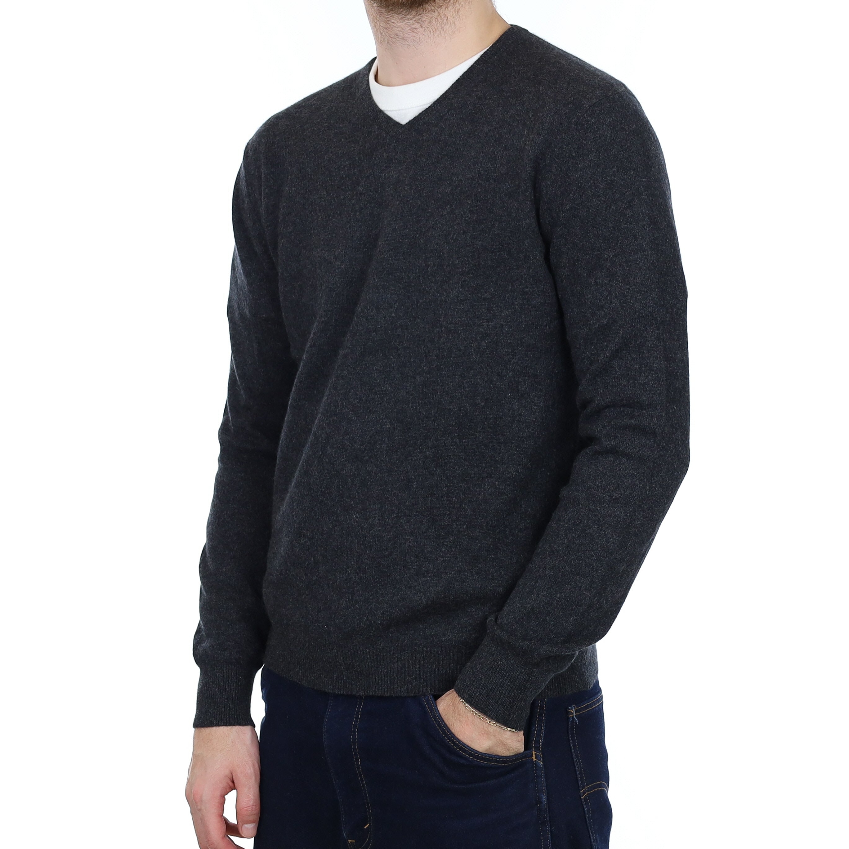 Men's Charcoal Grey Cashmere V Neck Jumper Large