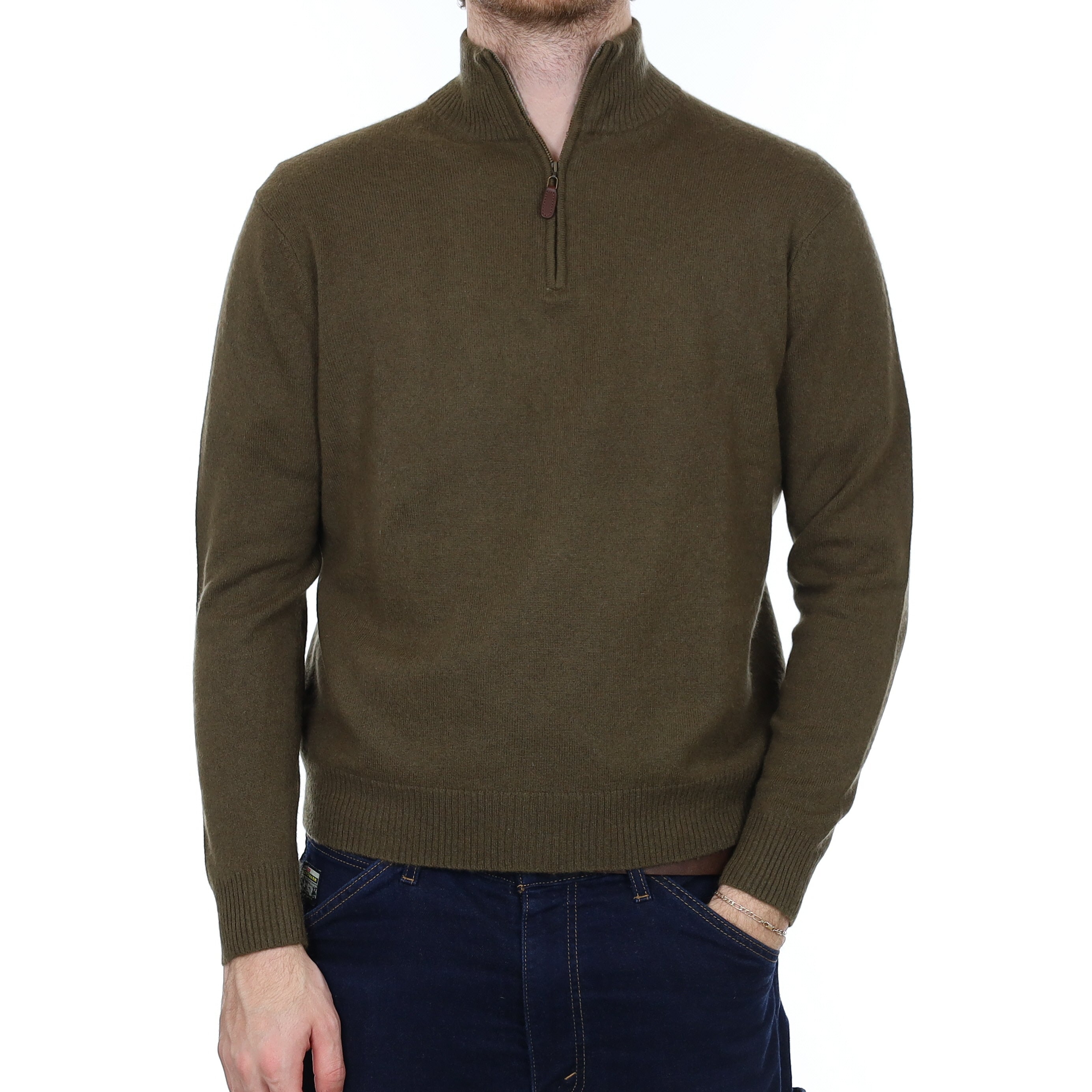 Men's Khaki Green Cashmere 1/4 Zip Jumper Medium