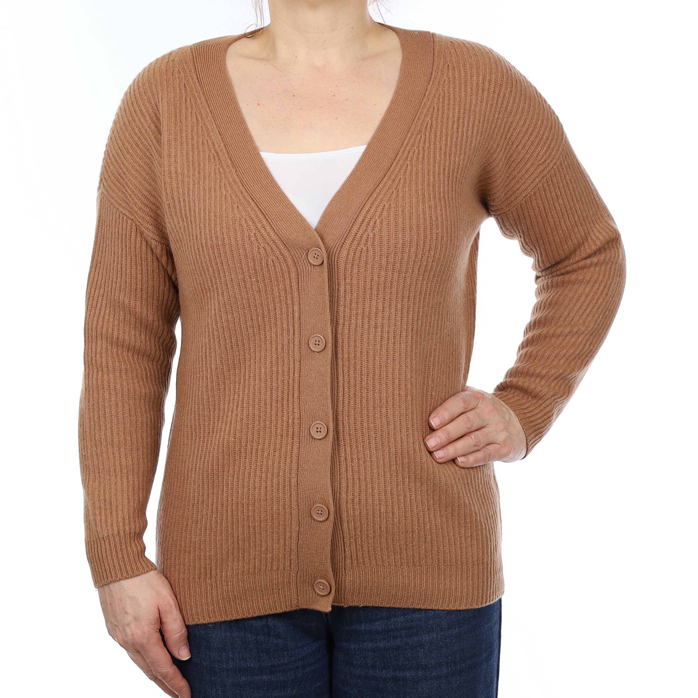 Toffee Brown Chunky Rib Cashmere V Neck Cardigan Medium