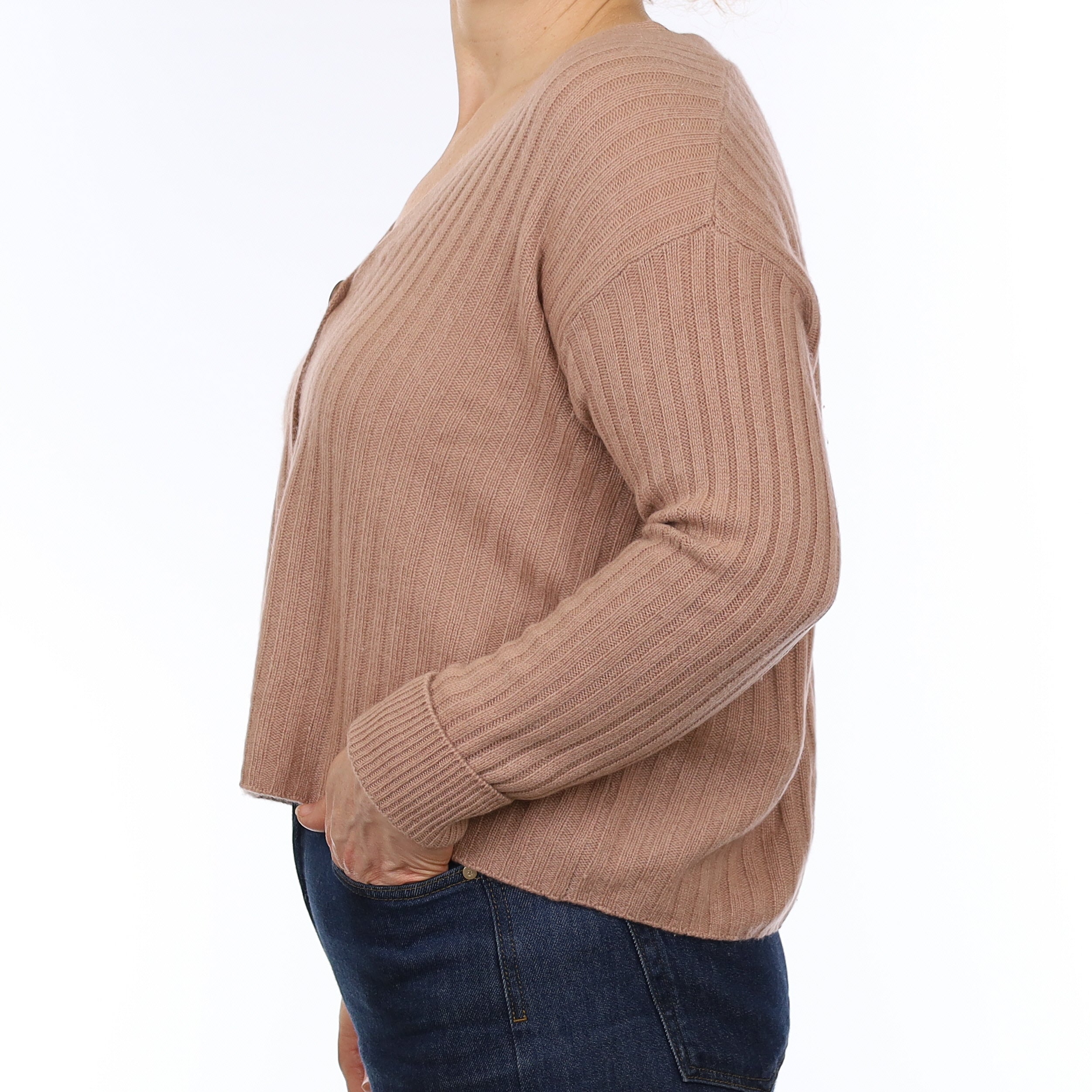 Nude Brown Rib Cashmere Slouchy V Neck Cardigan Medium